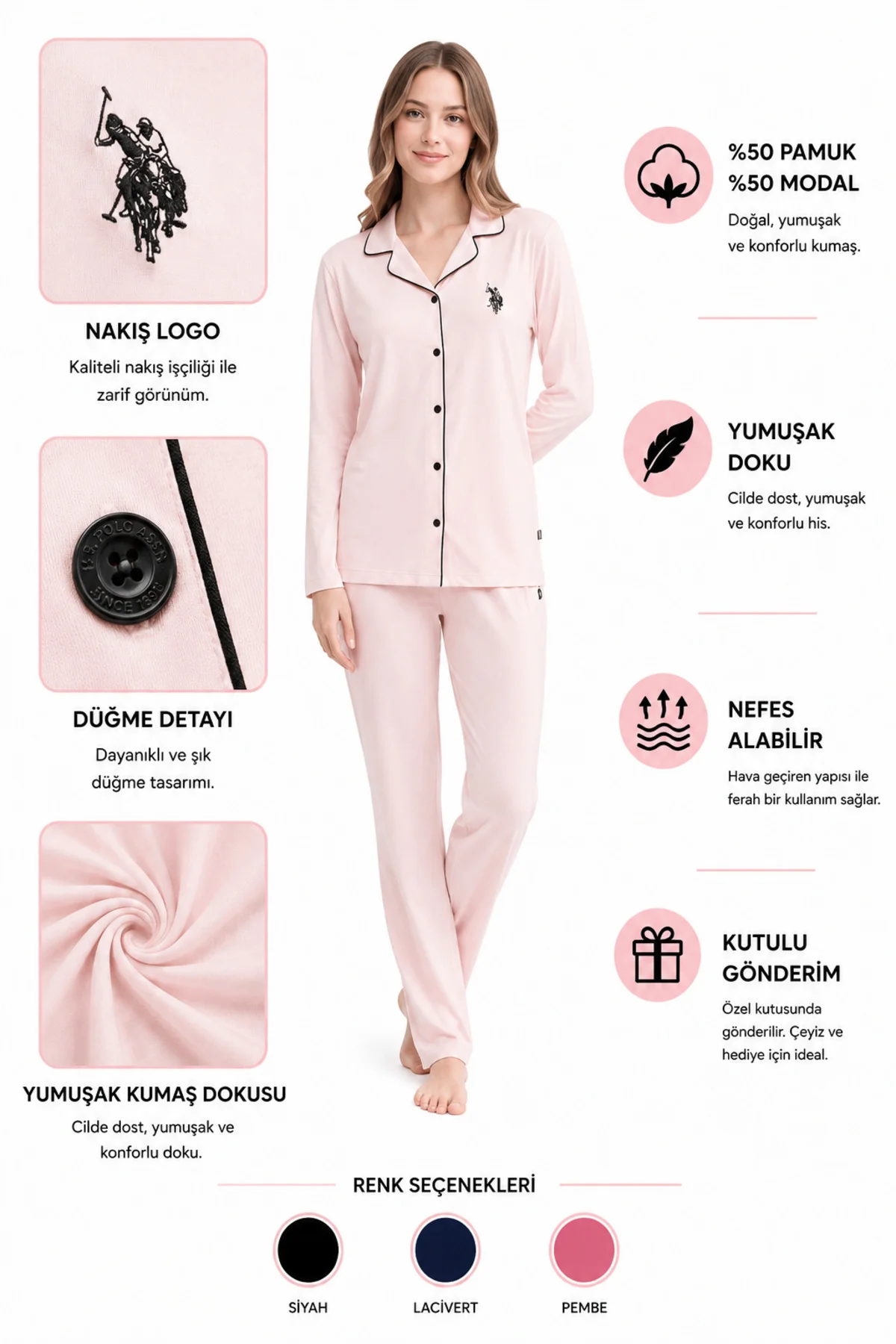11000 Kadın Pamuk Modal Uzun Kollu Gömlek Yaka Düğmeli Çeyizlik Pijama Takımı