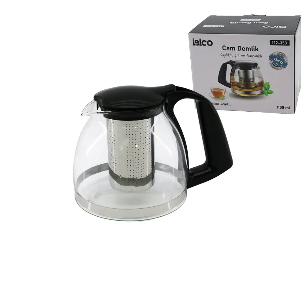 1100ML CAM DEMLİK ÇELİK SÜZGEÇLİ - PLASTİK KULP - KAPAK - KROM ÇE