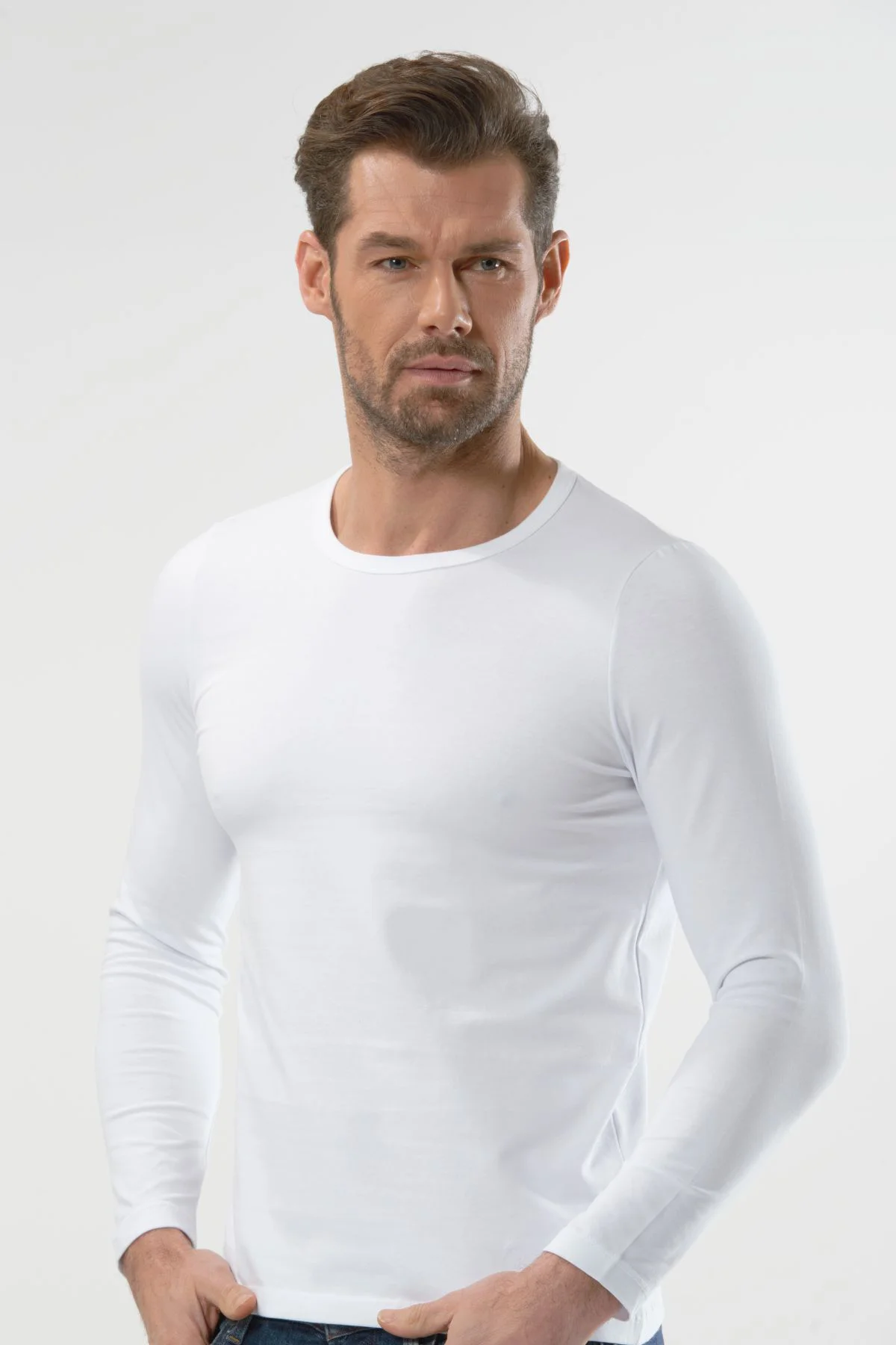 1165 Beyaz 3 Adet 0 Yaka Uzun Kol Erkek Fanila