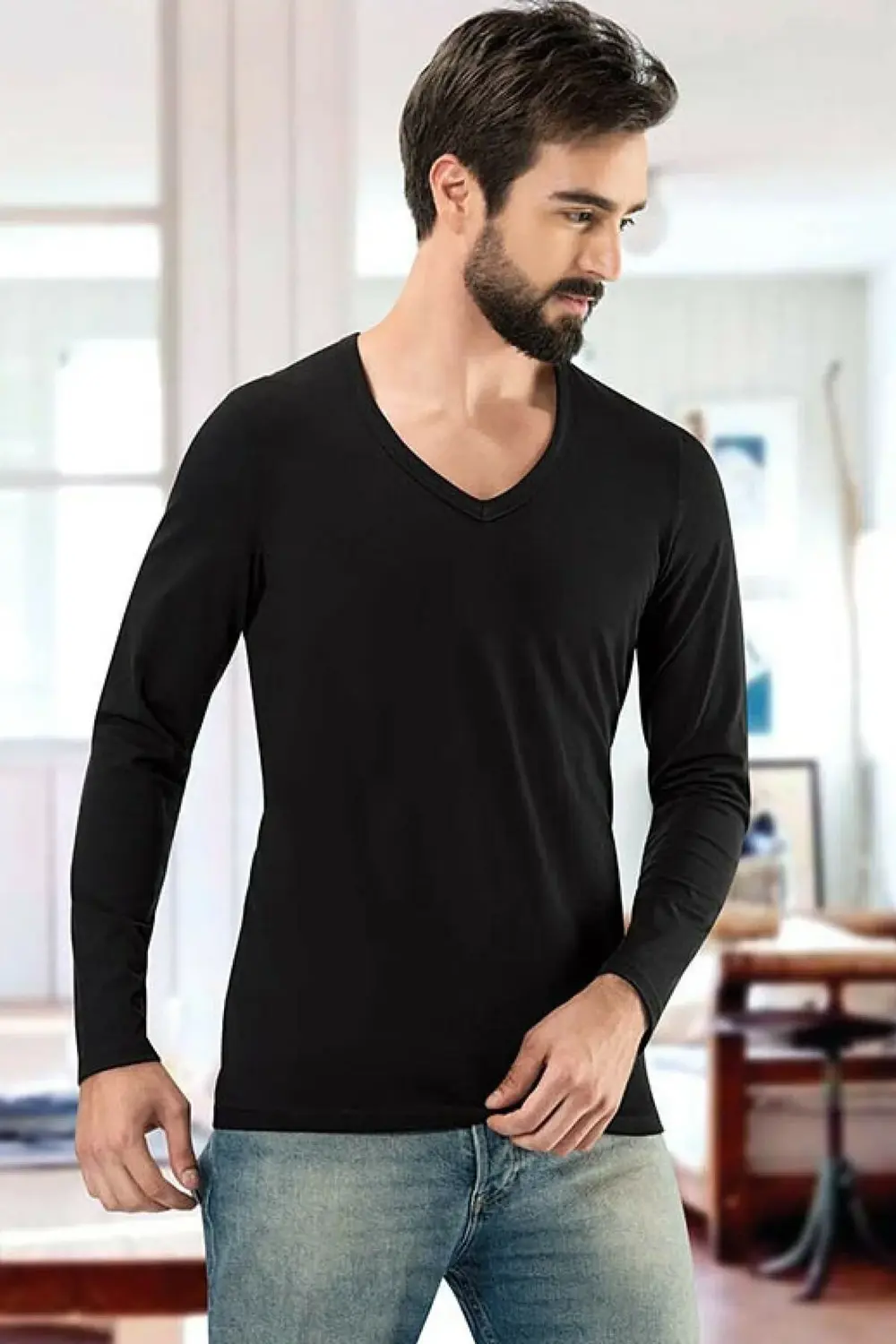 1166 Siyah 3 Adet 0 Yaka Uzun Kol Erkek Fanila