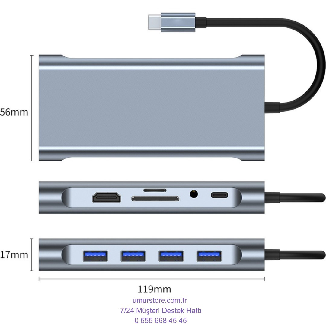11IN1 Hub Type-C To 4K Hdmi/usba 3.0/tf Sd/vga/3.5mm Aux/pd ŞARJ/