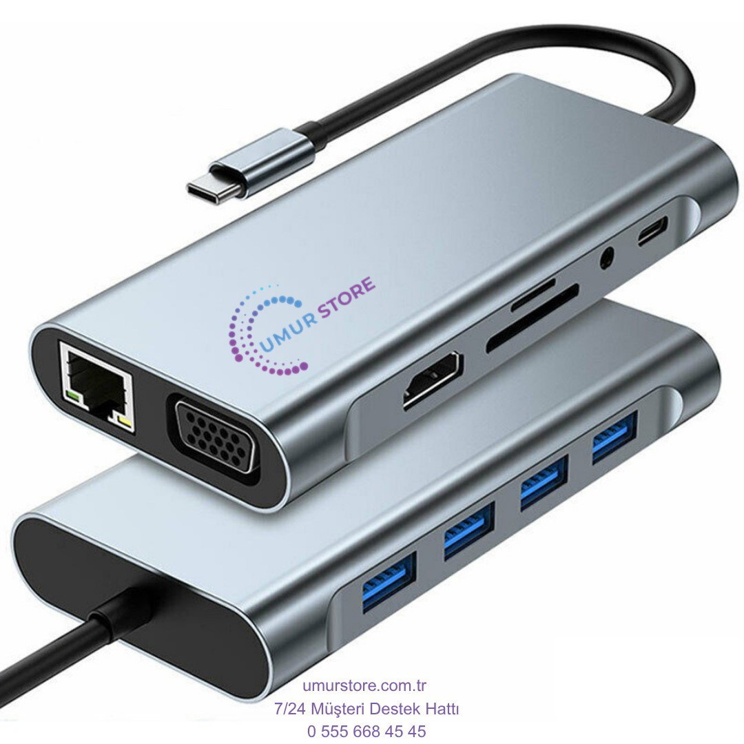 11IN1 Hub Type-C To 4K Hdmi/usba 3.0/tf Sd/vga/3.5mm Aux/pd ŞARJ/