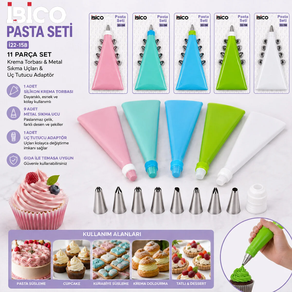 11PCS Pasta Seti - Renkli 1-KREMA Torbası - 9-METAL Sıkma Uçları - 1-UÇ Tutucu Adaptör