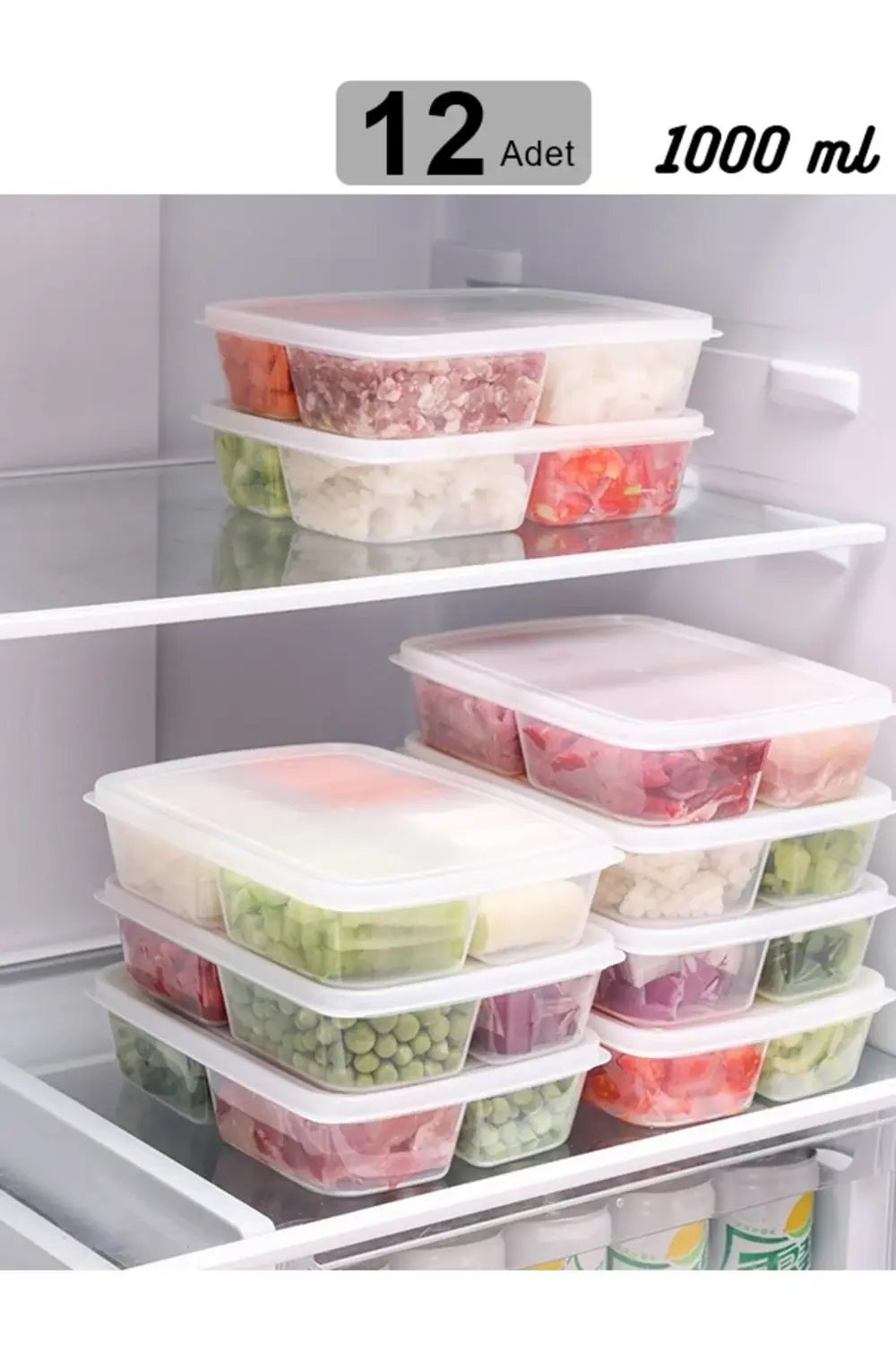 12 Adet 4 Bölmeli 1000 ml Kapaklı Difrize Uygun Buzluk Saklama Ku