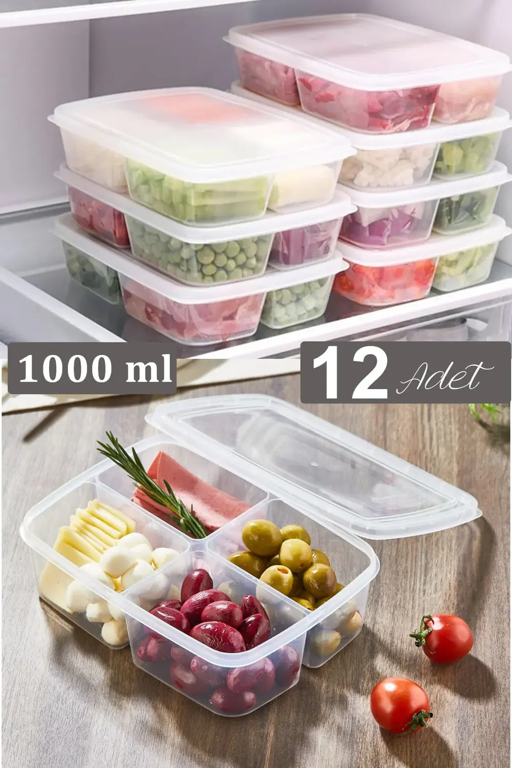 12 Adet 4 Bölmeli 1000 ml Kapaklı Difrize Uygun Buzluk Saklama Ku