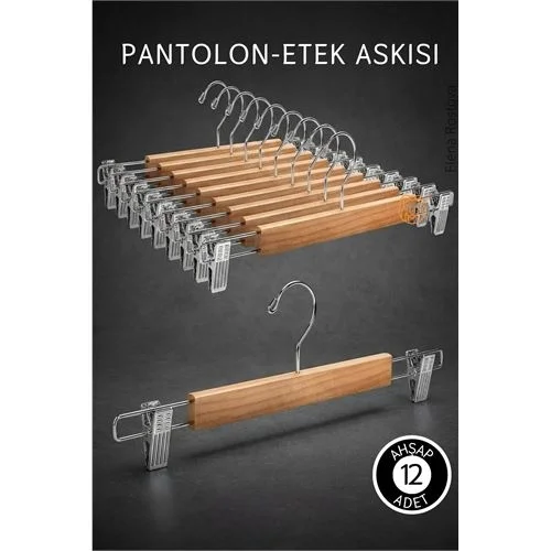 12 Adet Ahşap Pantolon Etek Askısı - Ayarlanabilir Gümüş Mandallı