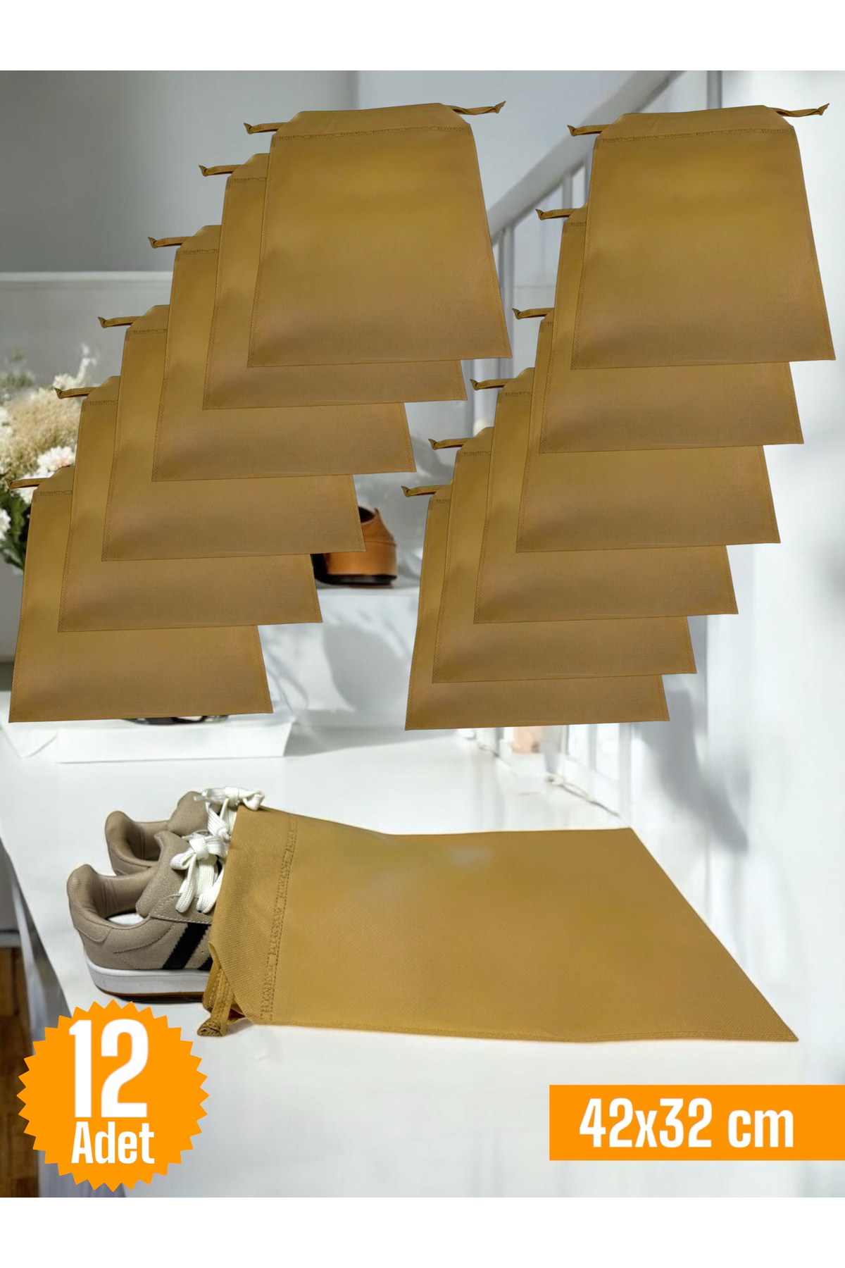 12 Adet Bej Büzgülü Ayakkabı Saklama Çantası Seyahat Hurcu ÇokAma