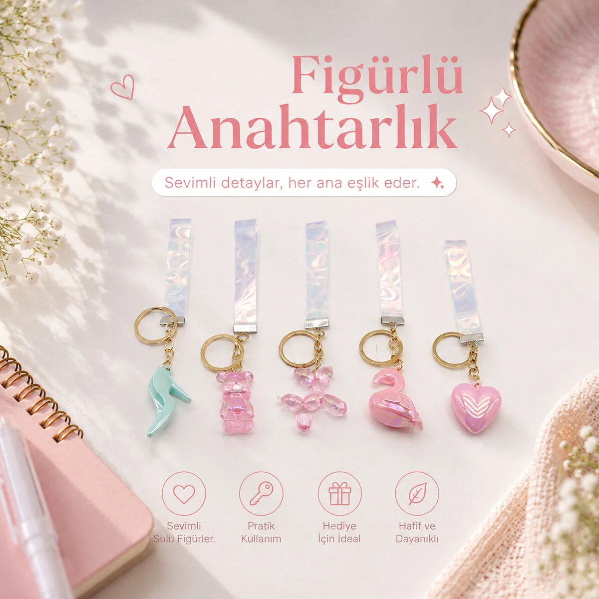 12 ADET FİGÜRLÜ ANAHTARLIK MİX = DESEN - RENK (4741)