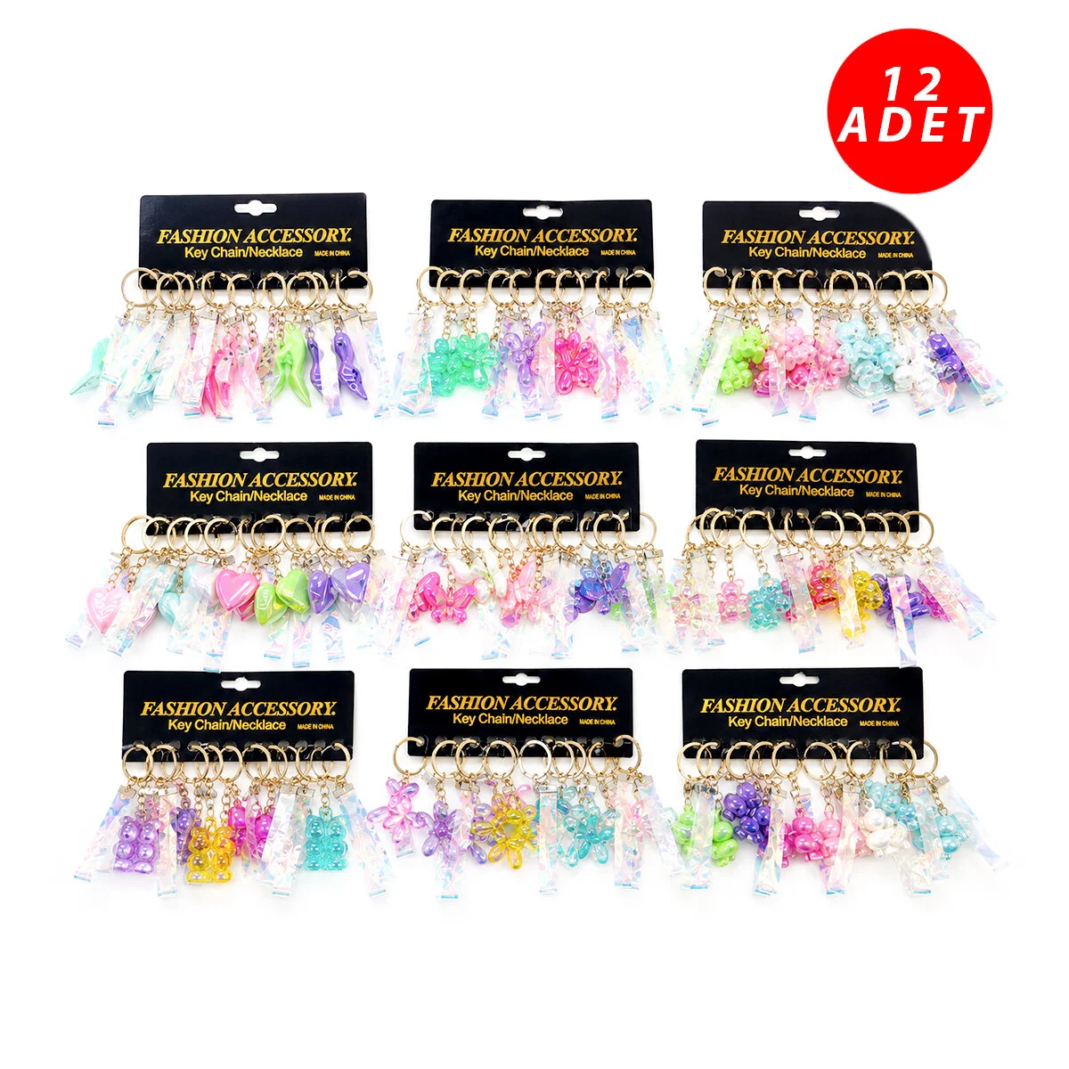 12 ADET FİGÜRLÜ ANAHTARLIK MİX = DESEN - RENK (4741)