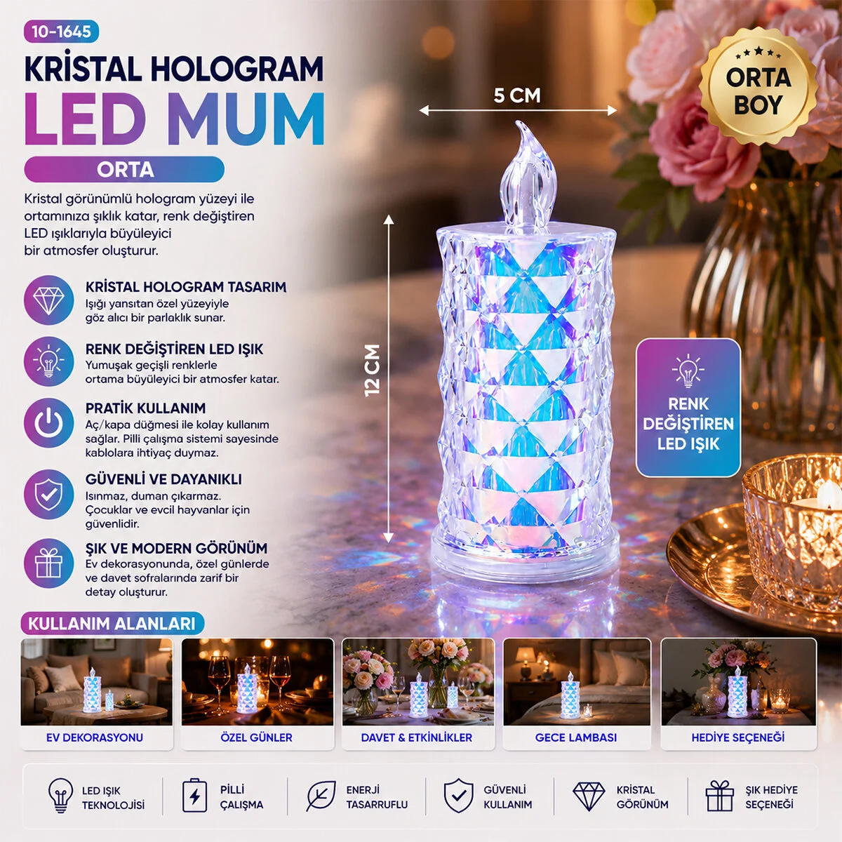 12 ADET LED CANDLE LAMP ORTA BOY= ÇAP:5CM - Y: 12CM PİLLİ LED MUM
