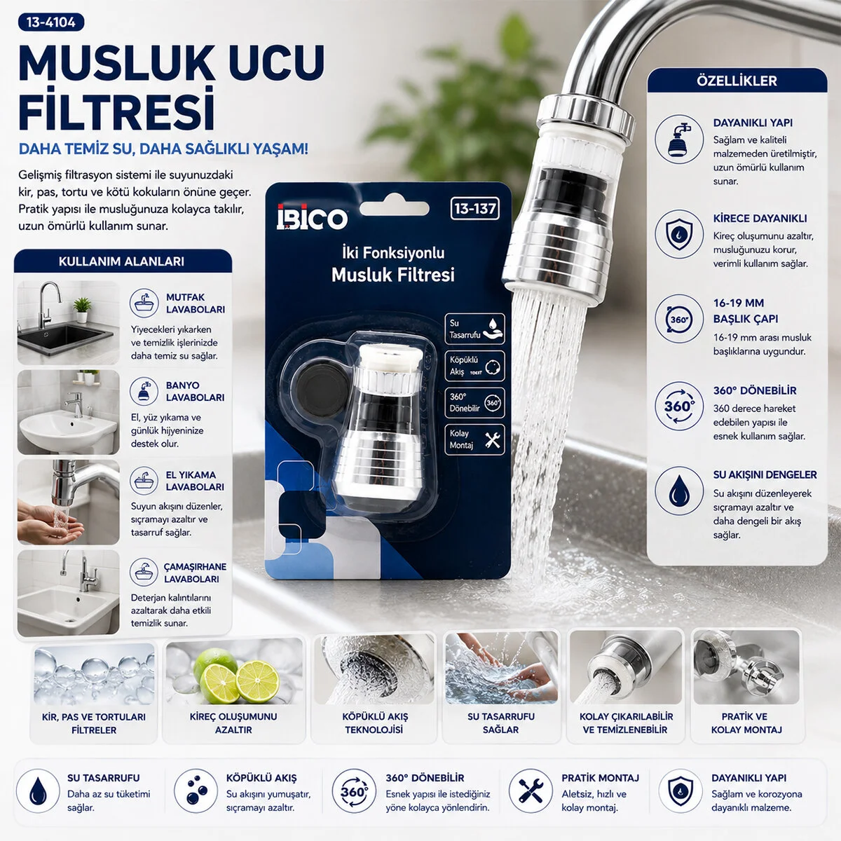 12 Adet Musluk Ucu Filtresi 2 Fonksiyonlu 360° Derece Dönebilen Başlık 16-19MM Caşlık Çapı Fiyatı, Yorumları ve Özellikleri