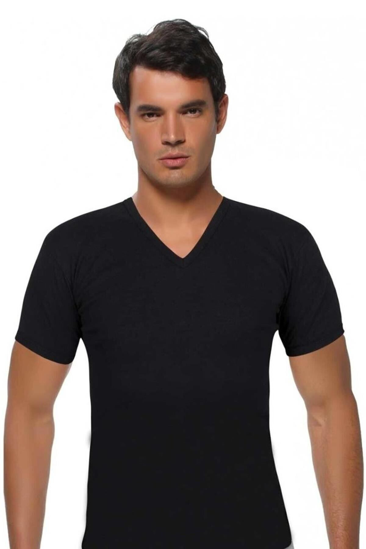 Gümüş 12 Adet Siyah Renk V Yaka Kısa Kollu Fanila