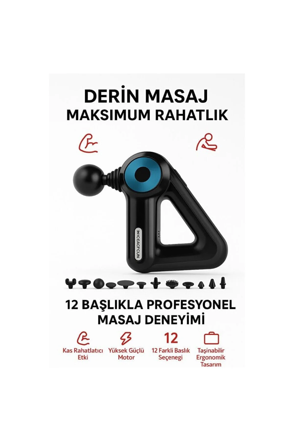 12 Başlıklı Profesyonel Masaj Tabancası – 6 Seviye Derin Doku Mas