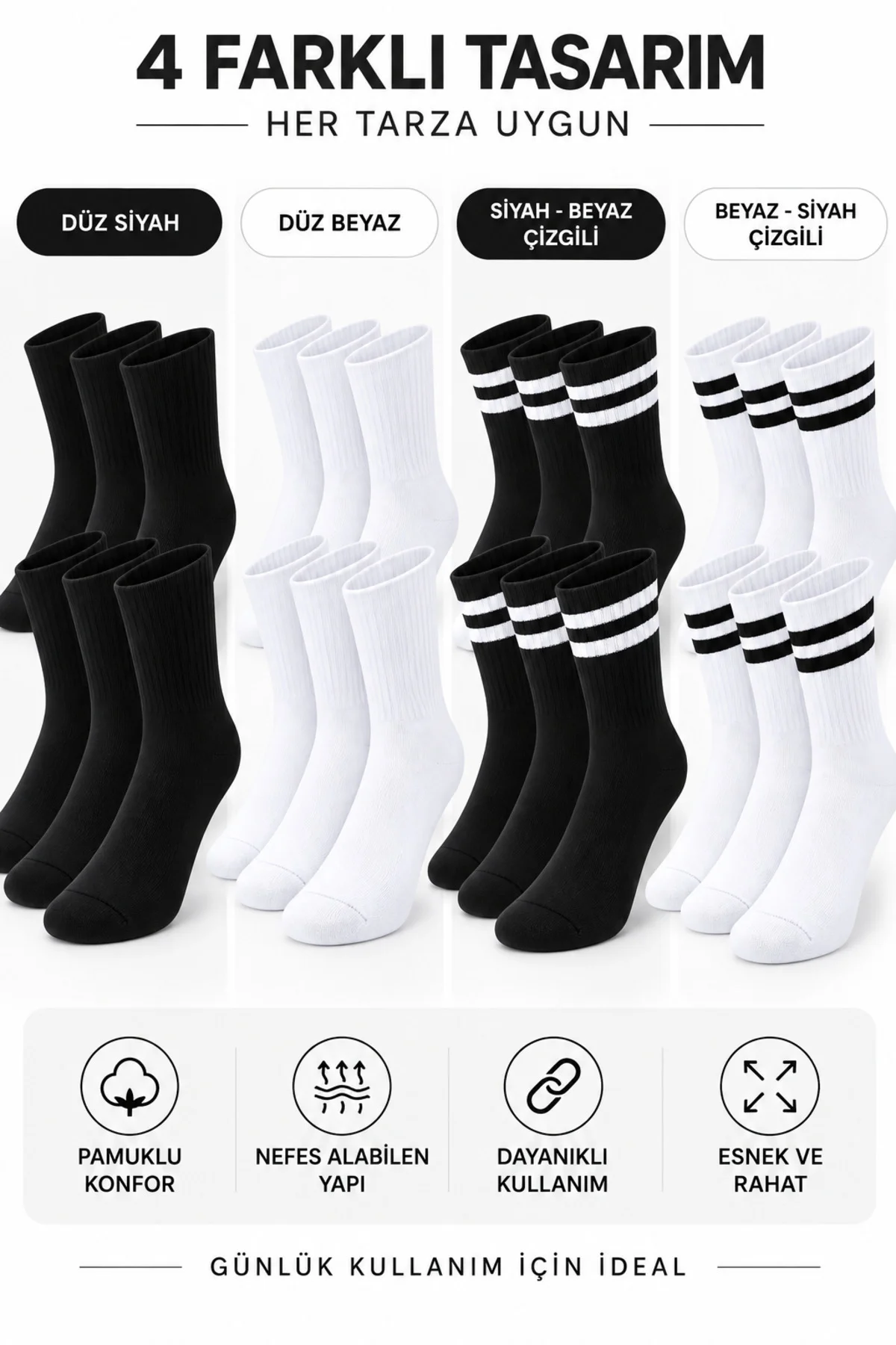 12 Çift Pamuklu Spor Çorap 40-44 Kadın Erkek Unisex Uzun Konç Siyah Beyaz Çizgili ve Düz Günlük Çorap 12 Çift Pamuklu Spor Çorap 40-44 Kadın Erkek Unisex Uzun Konç Siyah Beyaz Çizgili ve Düz Günlük Çorap - Görsel 3