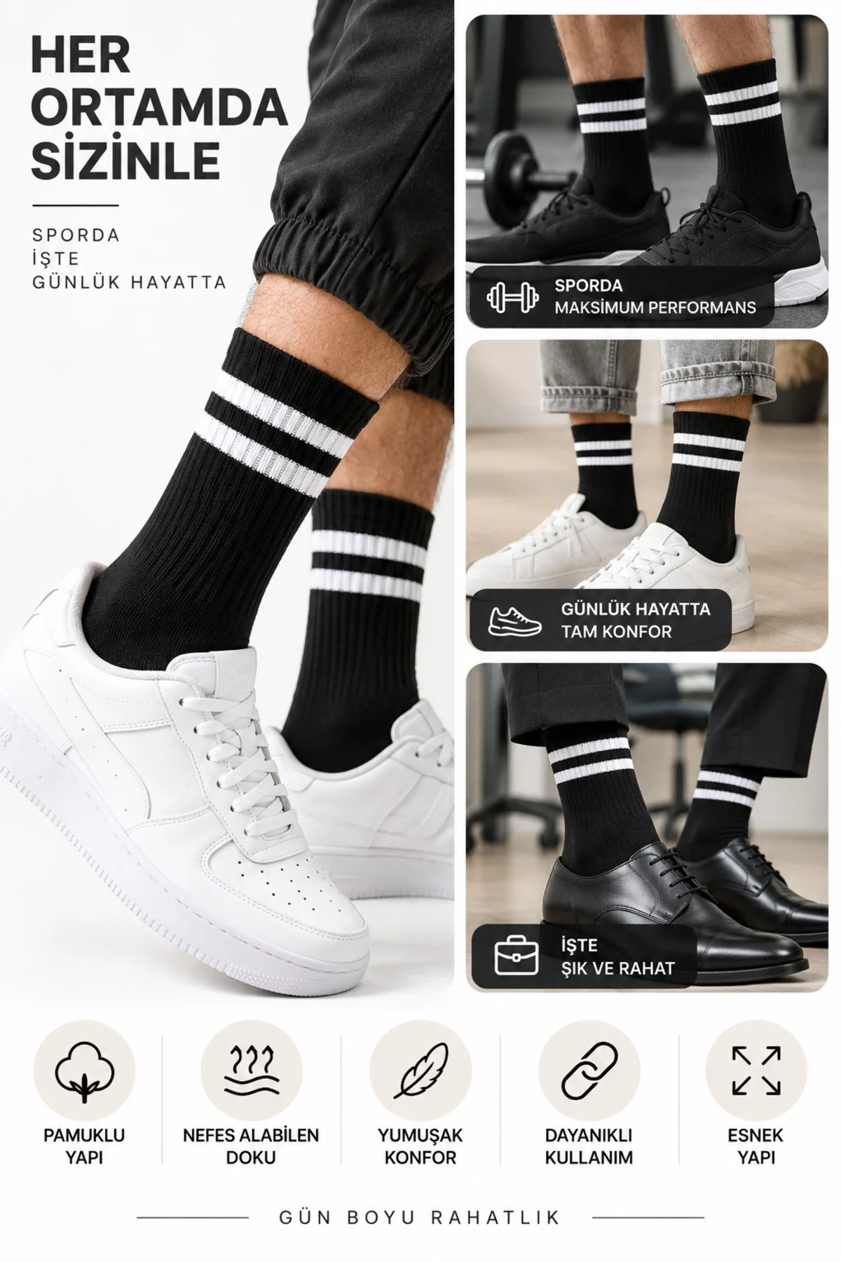 12 Çift Pamuklu Spor Çorap 40-44 Kadın Erkek Unisex Uzun Konç Siyah Beyaz Çizgili ve Düz Günlük Çorap 12 Çift Pamuklu Spor Çorap 40-44 Kadın Erkek Unisex Uzun Konç Siyah Beyaz Çizgili ve Düz Günlük Çorap - Görsel 5