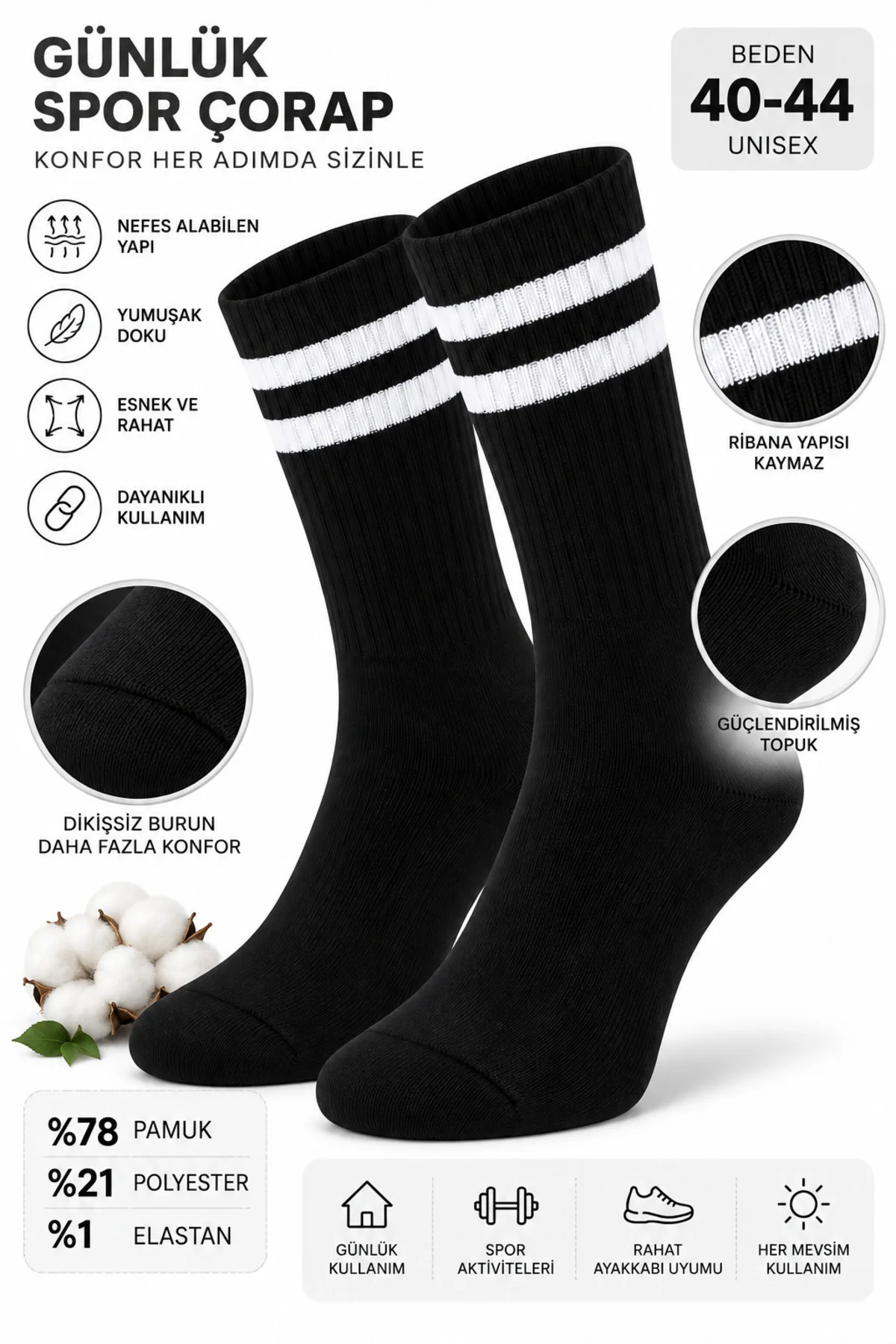 12 Çift Pamuklu Spor Çorap 40-44 Kadın Erkek Unisex Uzun Konç Siyah Beyaz Çizgili ve Düz Günlük Çorap 12 Çift Pamuklu Spor Çorap 40-44 Kadın Erkek Unisex Uzun Konç Siyah Beyaz Çizgili ve Düz Günlük Çorap - Görsel 2