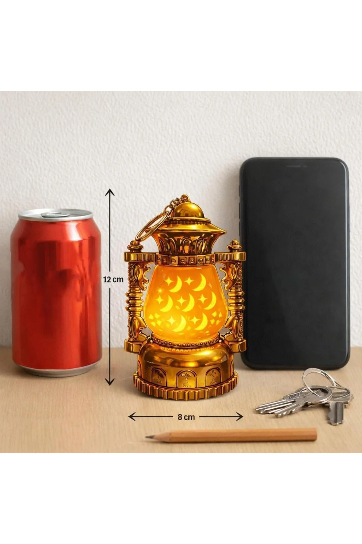 12 Cm x 8 Cm Pille Çalışan Hilal Ay ve Yıldız Desenli Altın Renkli Lamba Led Sarı I