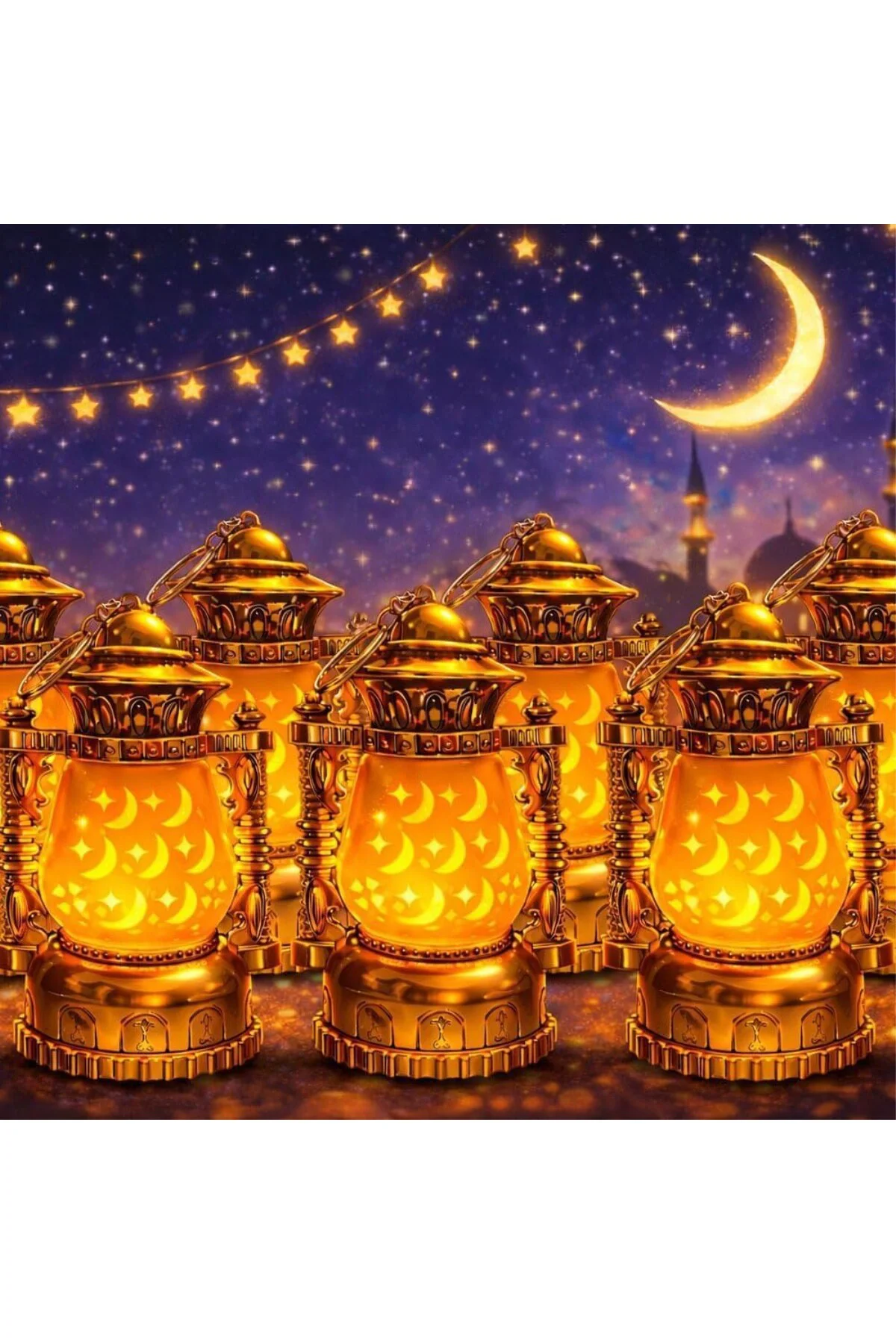 12 Cm x 8 Cm Pille Çalışan Hilal Ay ve Yıldız Desenli Altın Renkli Lamba Led Sarı I