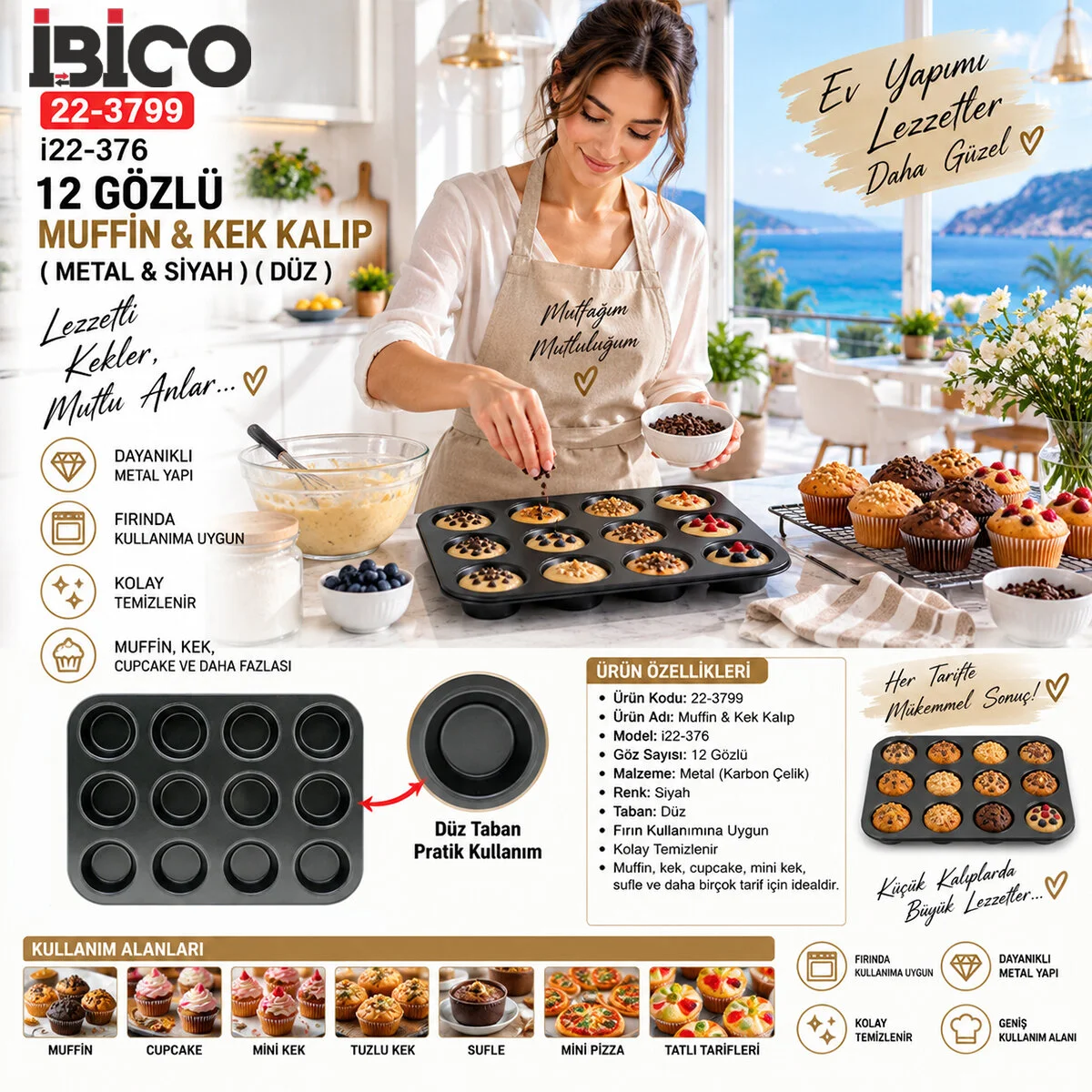12 Gözlü Metal - Siyah Düz Muffin - Kek Kalıp 12 Gözlü Metal - Siyah Düz Muffin - Kek Kalıp