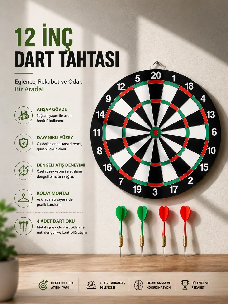 12 İnç Ahşap Dart Tahtası 4 Adet Metal Uçlu Dart Oku Dahil - Lisinya