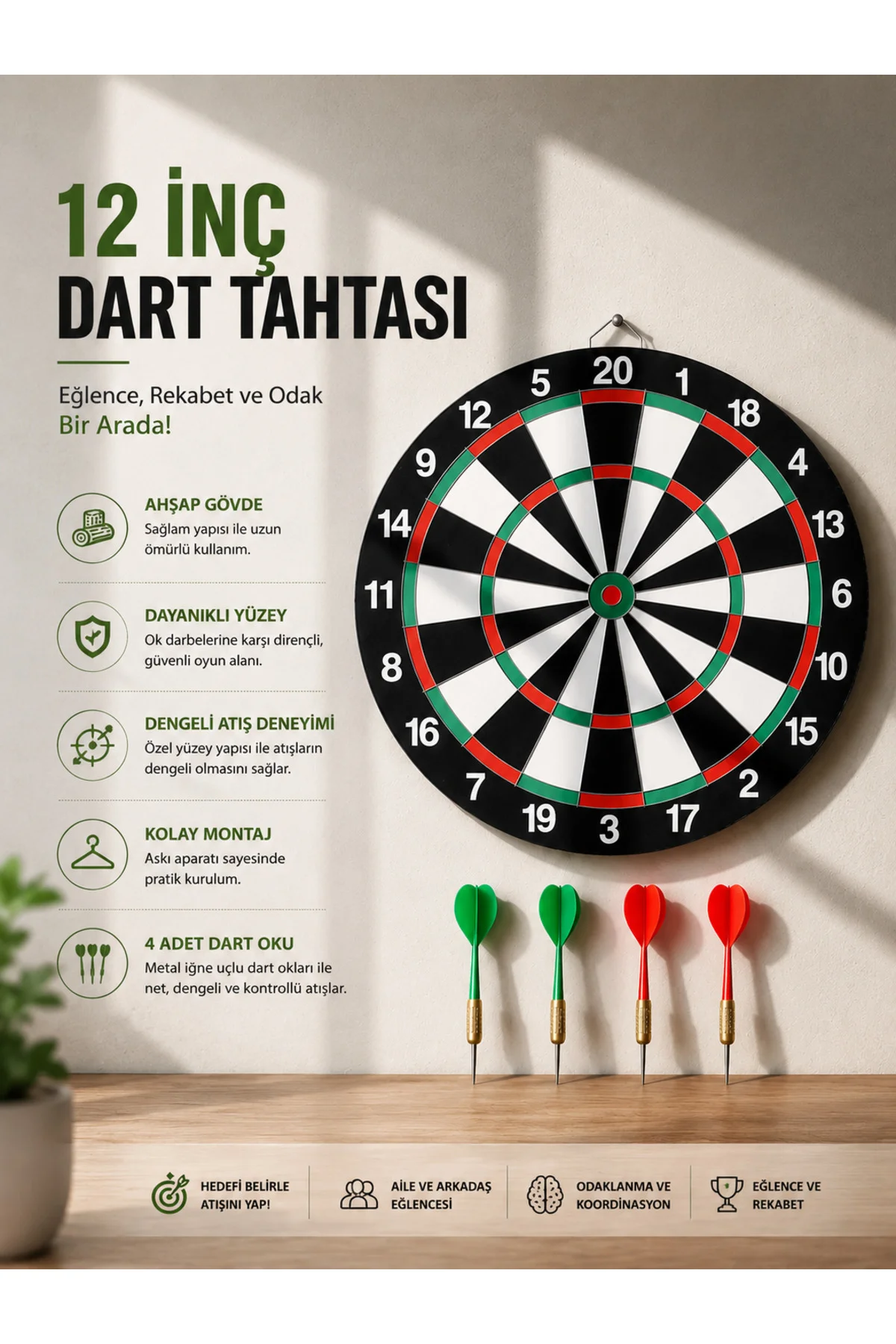 12 İnç Ahşap Dart Tahtası 4 Adet Metal Uçlu Dart Oku Dahil