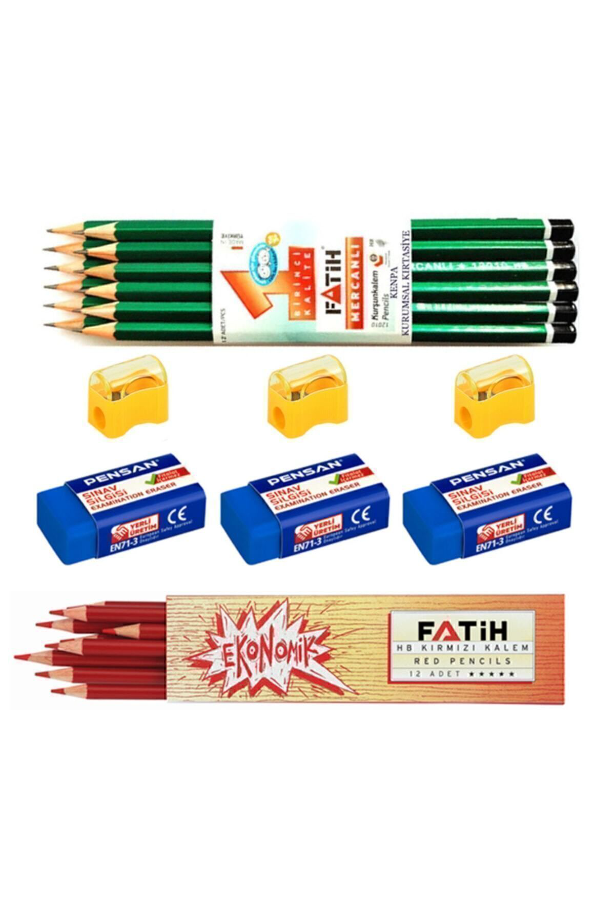 12 Li Mercanlı Kurşun Kalem Kırmızı Kopya Kalemi Silgi Kalem Açac