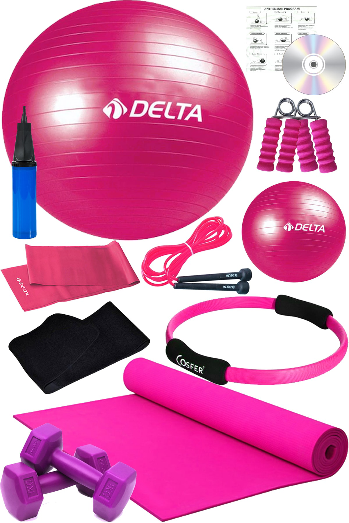 12 Li Pilates Çemberi Seti Pilates Minderi 1Kg Dambıl Plates Topu