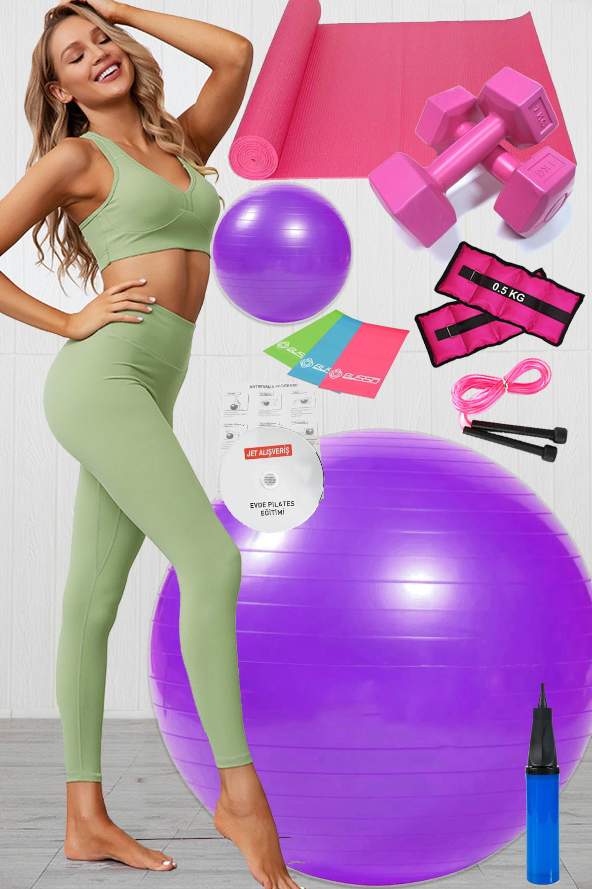 12 Li Pilates Seti Topu 3 Lü Pilates Bandı Lastiği Dambıl Minder