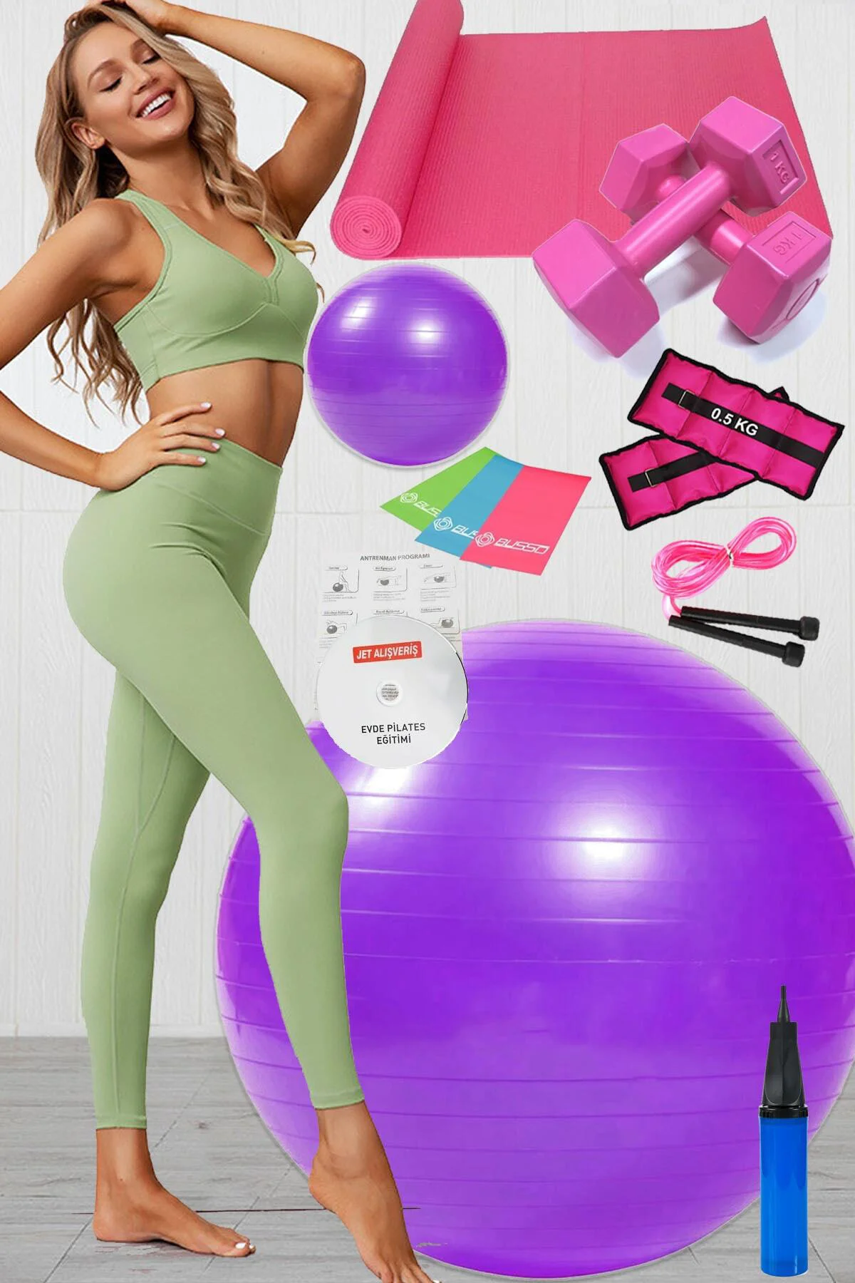 12 Li Pilates Seti Topu 3 Lü Pilates Bandı Lastiği Dambıl Minder 