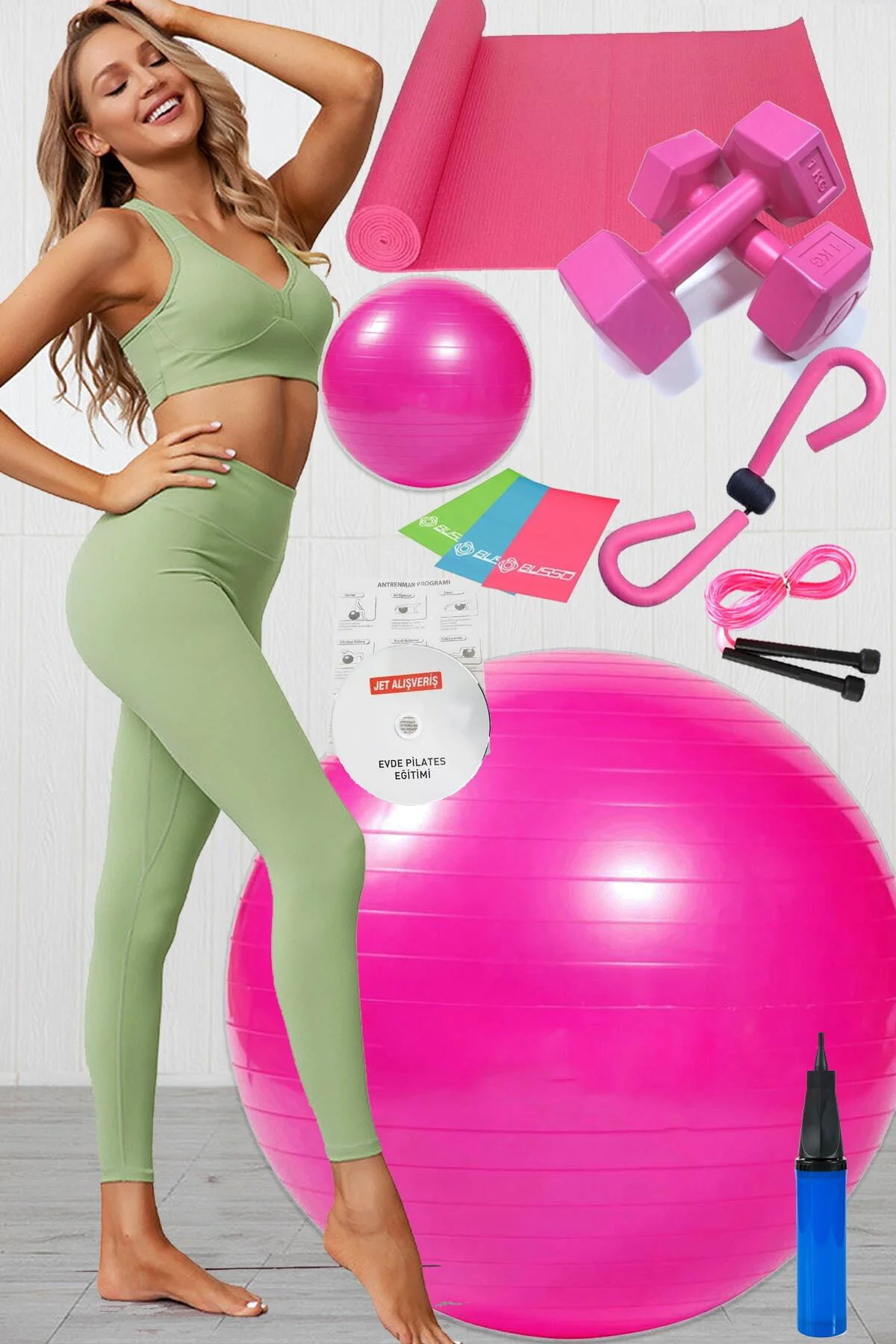 12 Li Pilates Seti Topu 3 Lü Pilates Bandı Lastiği Dambıl Minder 