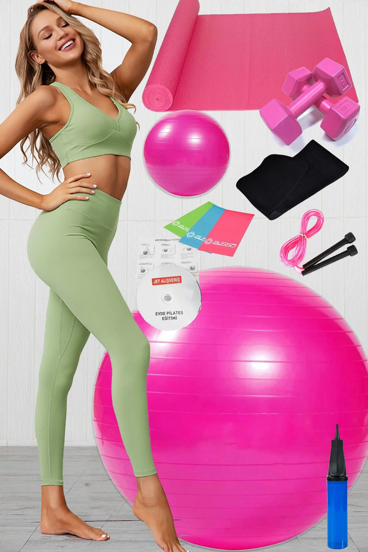 12 Li Pilates Seti Topu 3 Lü Pilates Bandı Lastiği Dambıl Minder 