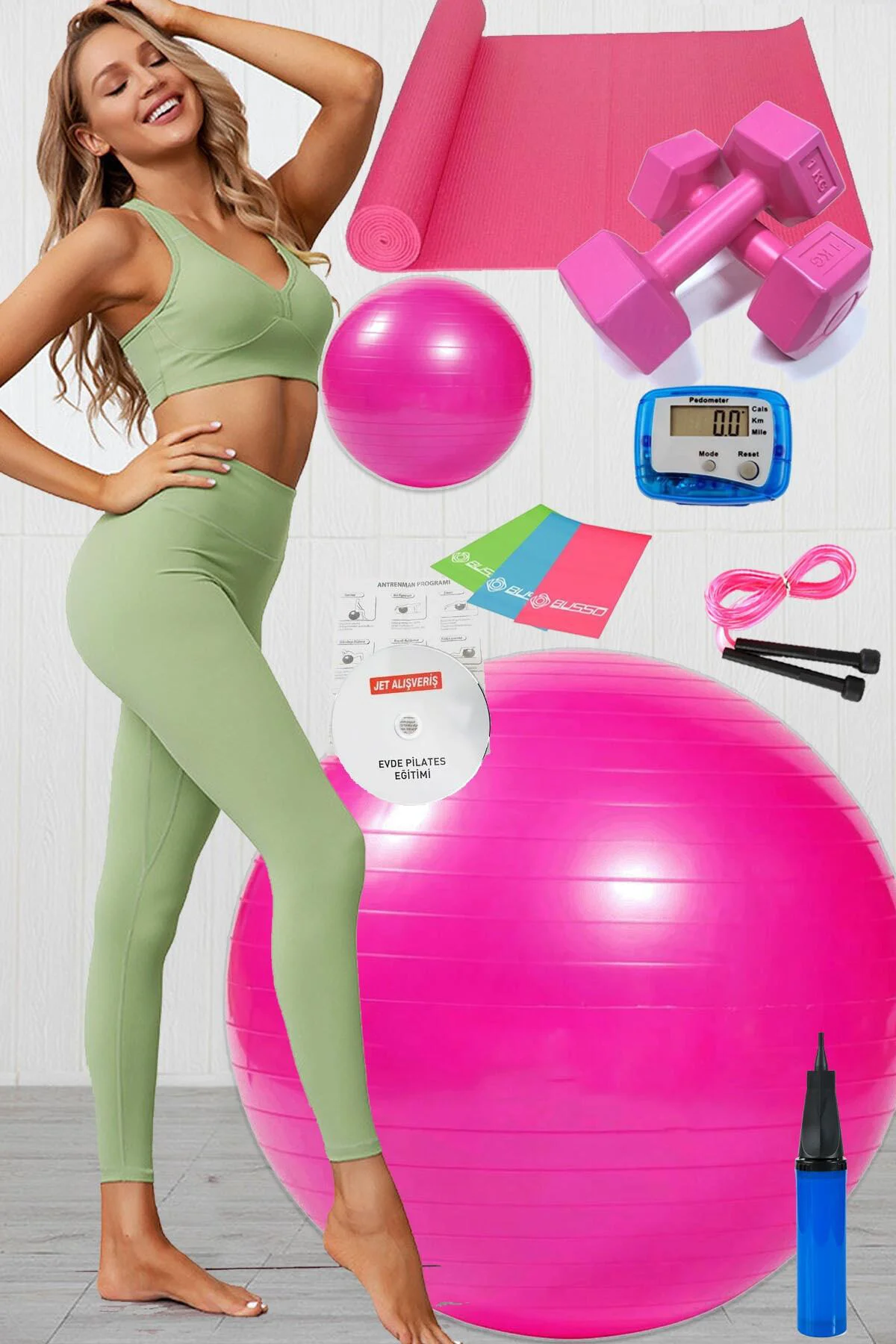 12 Li Pilates Seti Topu 3 Lü Pilates Bandı Lastiği Dambıl Minder 