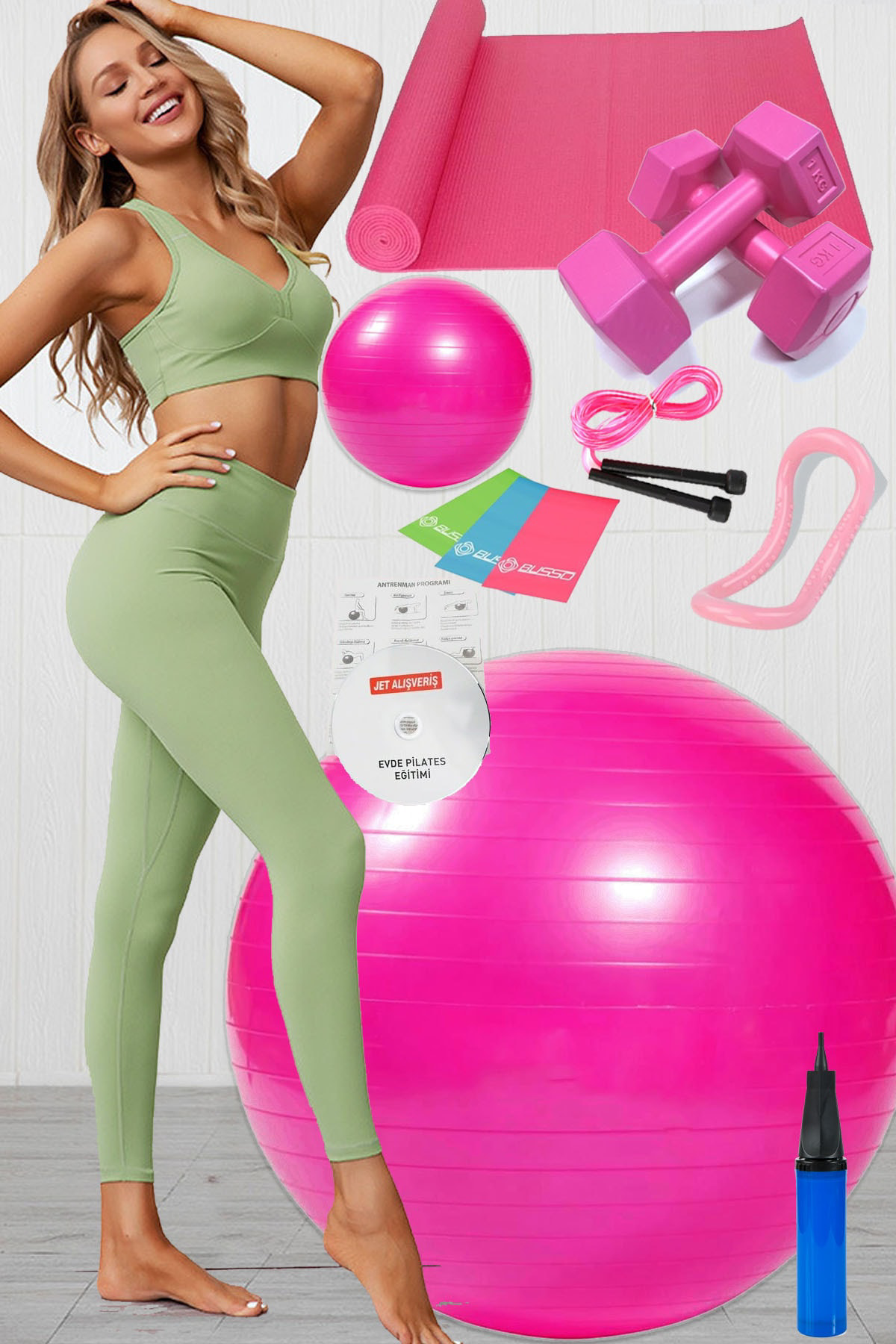 12 Li Pilates Yüzüğü Seti Takımı Topu 3 Lü Pilates Bandı Lastiği