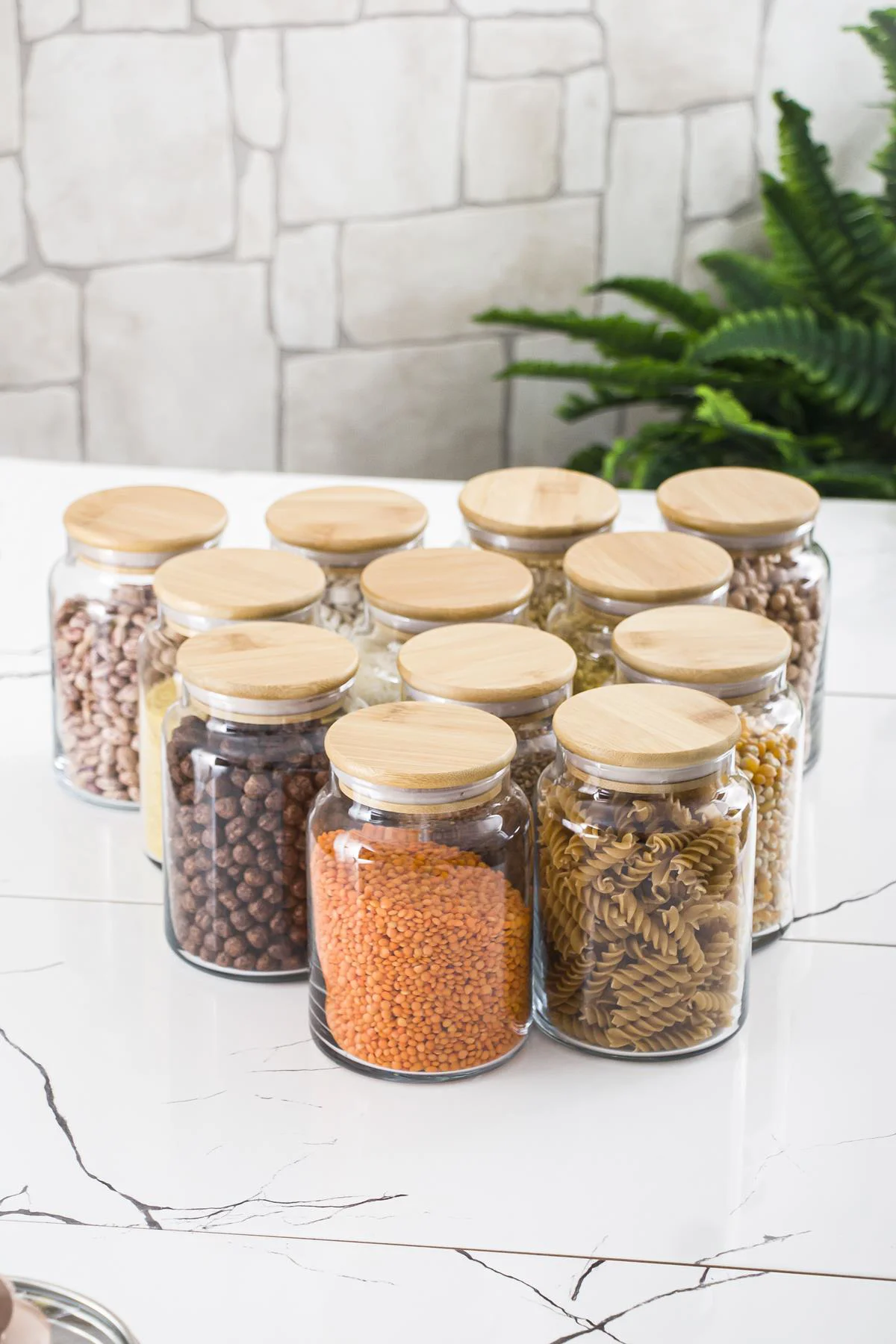 12 Lü Set Bambu Kapaklı Cam Kavanoz &amp; Erzak Saklama Kabı 800 ml Orta  Boy ( Vakum Kapak )
