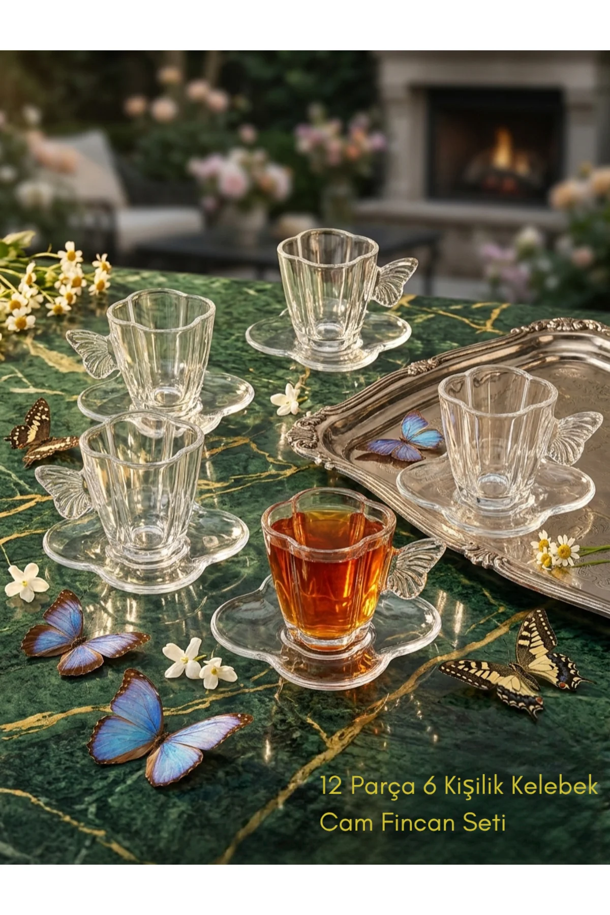 12 Parça 6 Kişilik Kelebek Kulplu 230 ml Cam Fincan Seti - Esteti