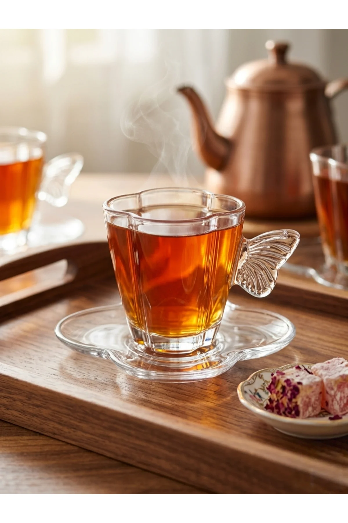12 Parça 6 Kişilik Kelebek Kulplu 230 ml Cam Fincan Seti - Esteti