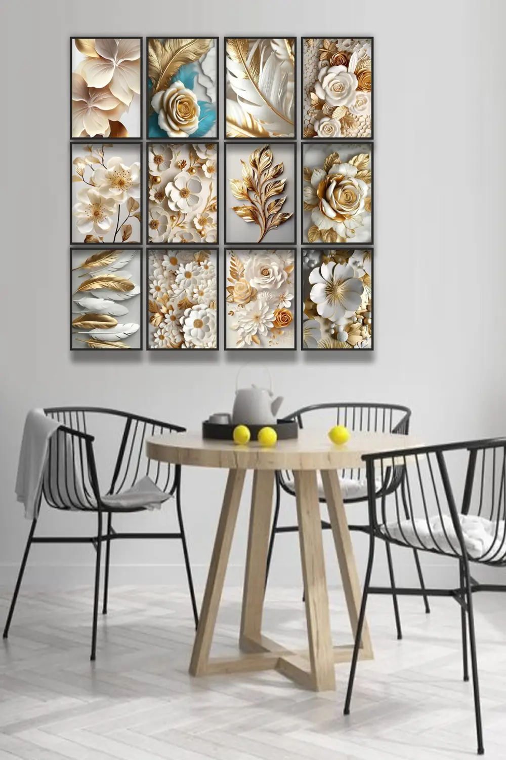 12 parça Altın Çiçekler Çerçeve Görünümlü Mdf tablo Duvar Süsü He