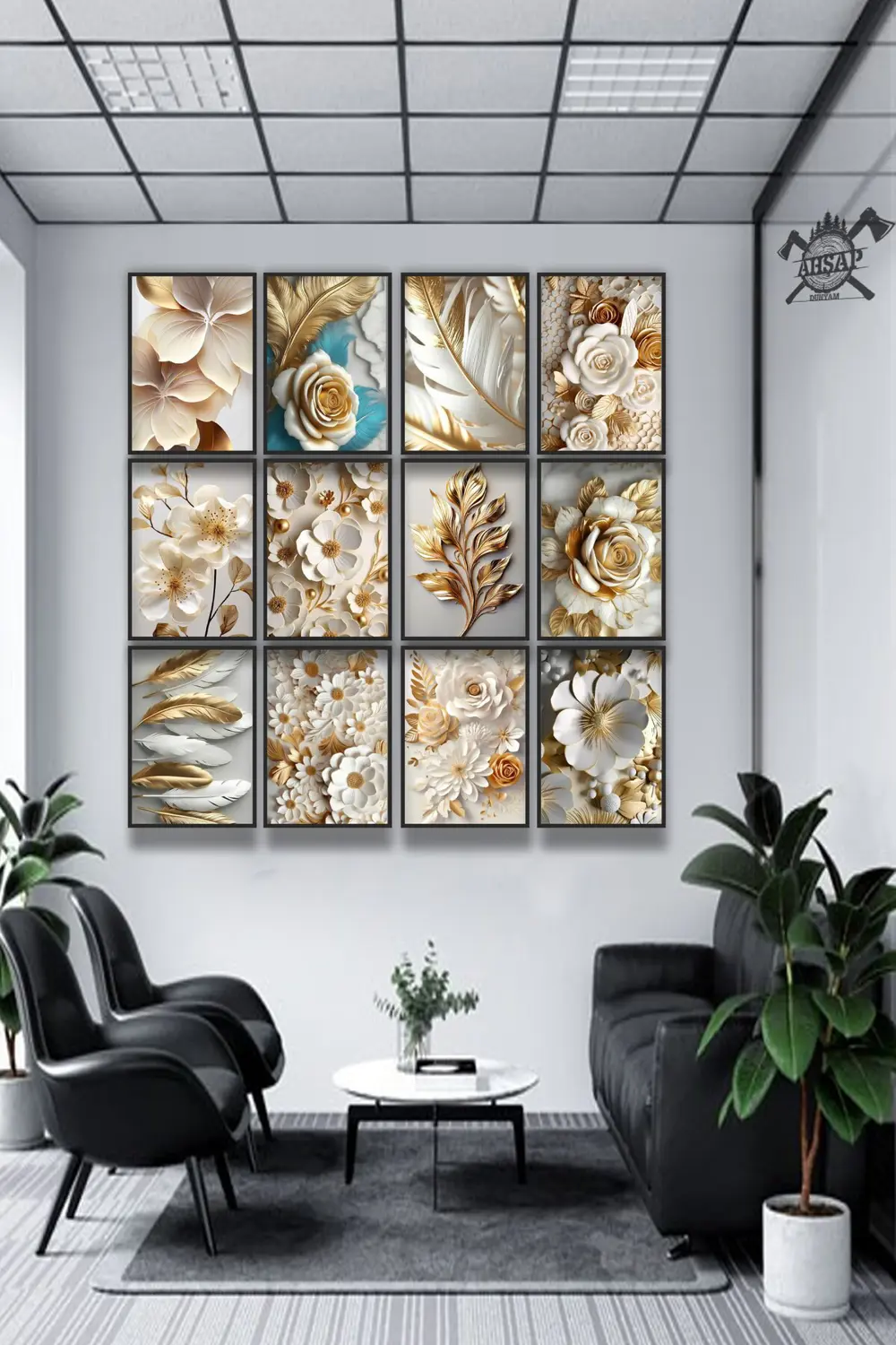 12 parça Altın Çiçekler Çerçeve Görünümlü Mdf tablo Duvar Süsü He