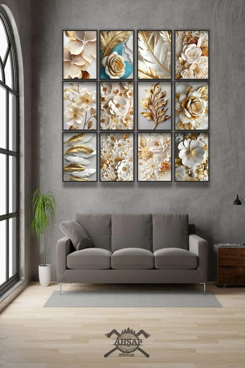 12 parça Altın Çiçekler Çerçeve Görünümlü Mdf tablo Duvar Süsü He