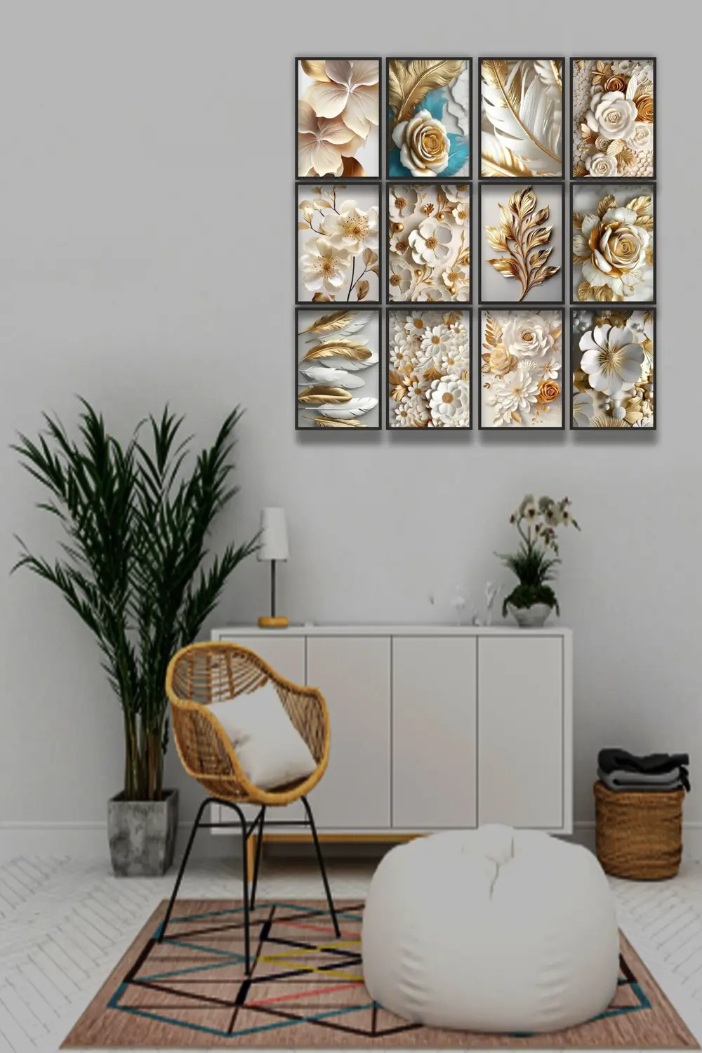 12 parça Altın Çiçekler Çerçeve Görünümlü Mdf tablo Duvar Süsü He