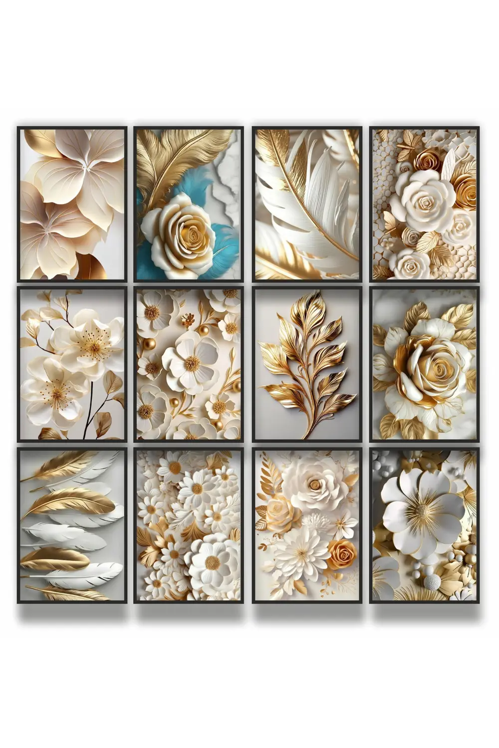 12 parça Altın Çiçekler Çerçeve Görünümlü Mdf tablo Duvar Süsü He