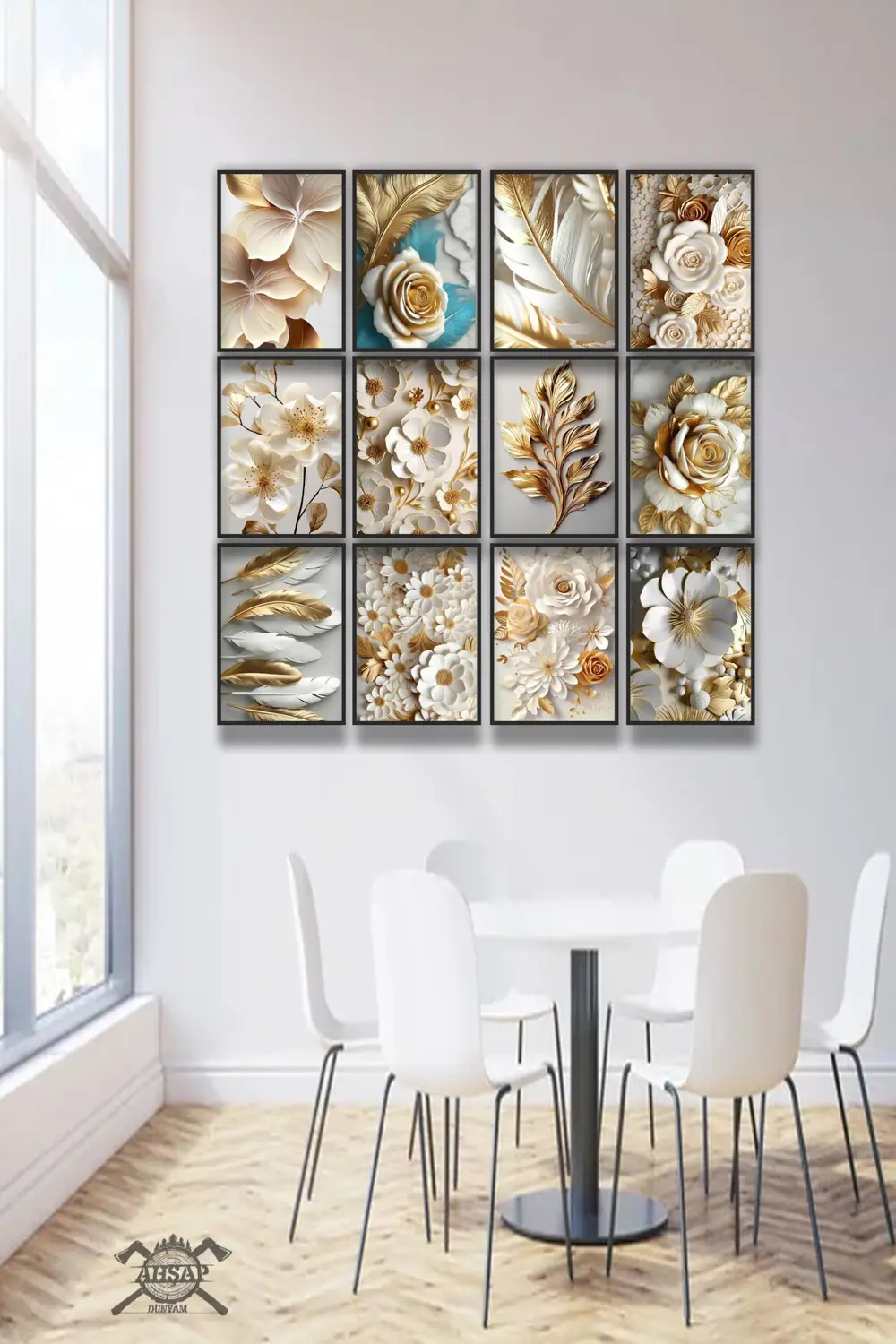 12 parça Altın Çiçekler Çerçeve Görünümlü Mdf tablo Duvar Süsü He