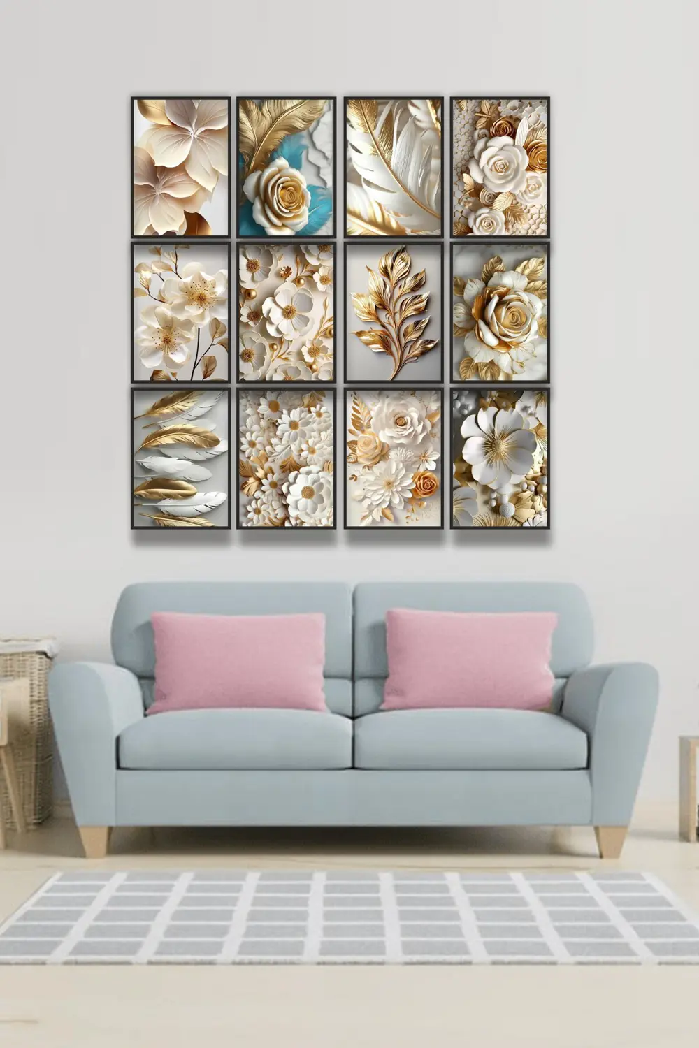 12 parça Altın Çiçekler Çerçeve Görünümlü Mdf tablo Duvar Süsü He
