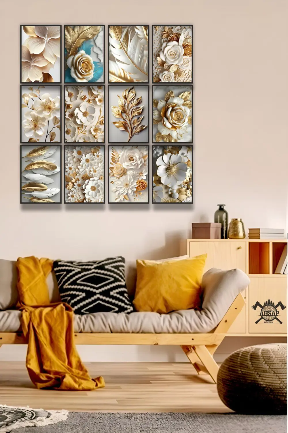 12 parça Altın Çiçekler Çerçeve Görünümlü Mdf tablo Duvar Süsü He
