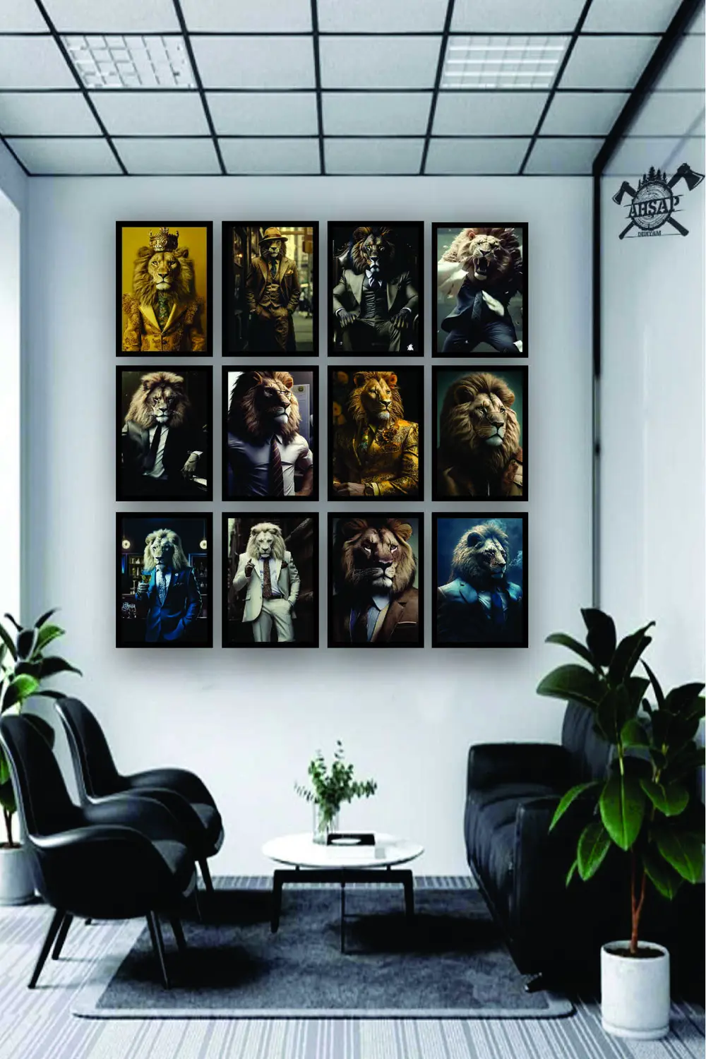 12 parça Aslan İnsan Çerçeve Görünümlü Mdf tablo Duvar Süsü Hediy