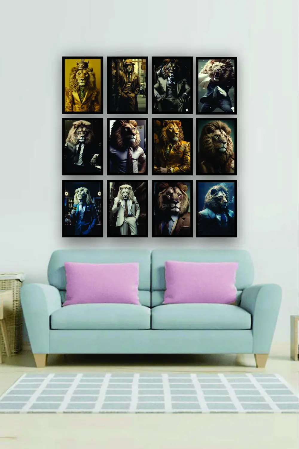 12 parça Aslan İnsan Çerçeve Görünümlü Mdf tablo Duvar Süsü Hediy