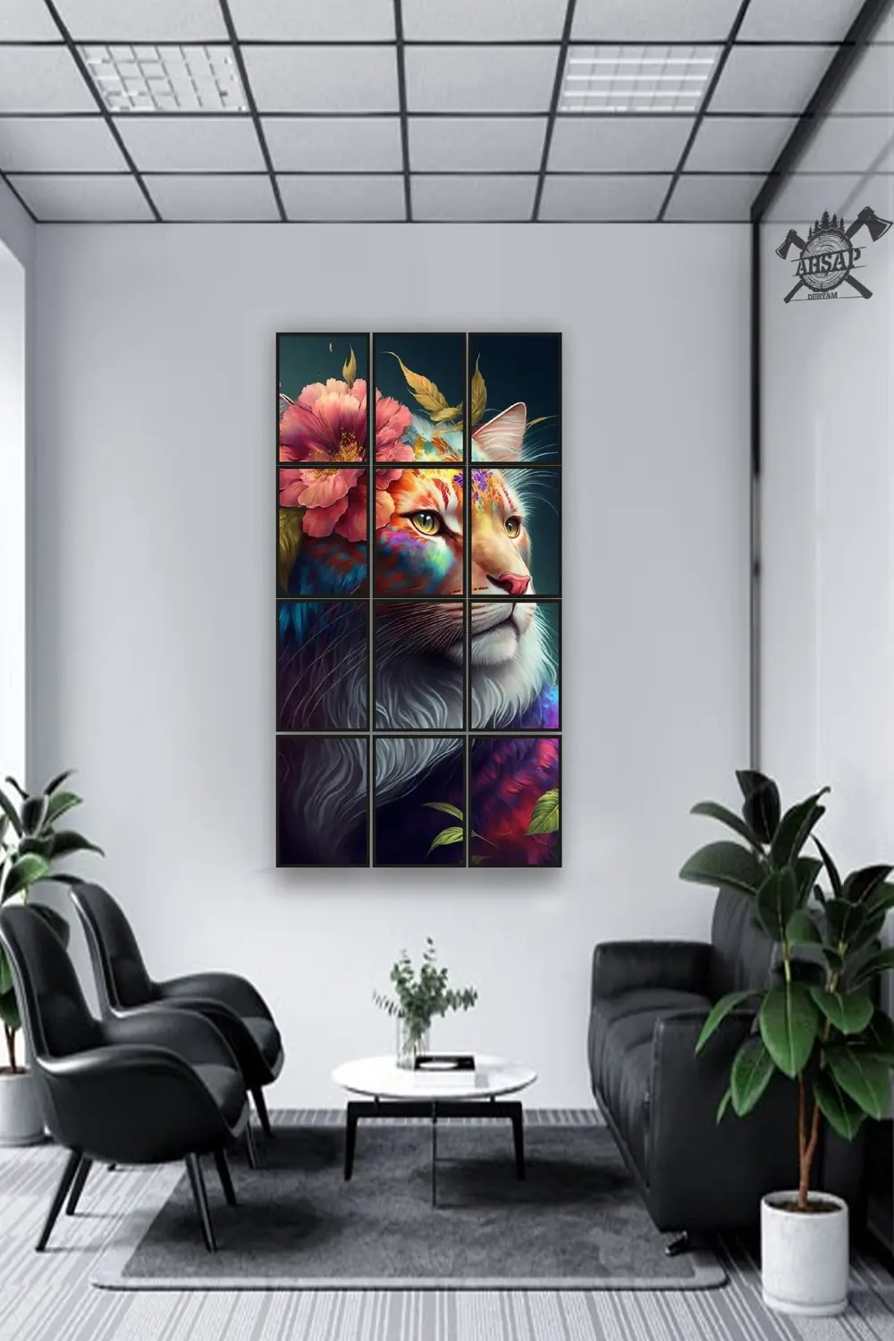 12 parça Aslan Kedi Çerçeve Görünümlü Mdf tablo Duvar Süsü Hediye