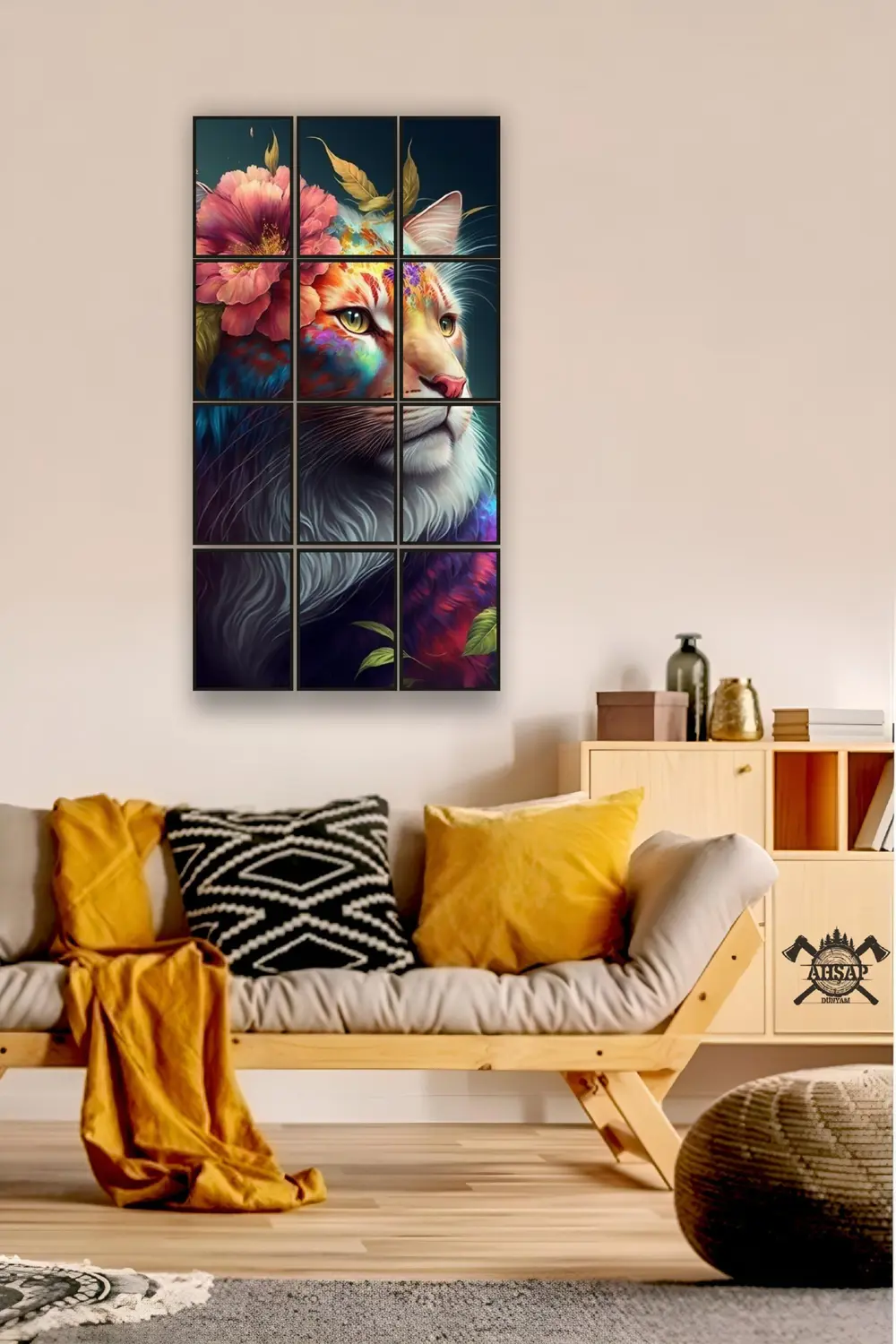 12 parça Aslan Kedi Çerçeve Görünümlü Mdf tablo Duvar Süsü Hediye