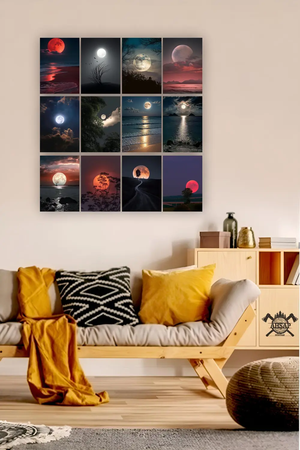 12 parça Ay Manzara Çerçeve Görünümlü Mdf tablo Duvar Süsü Hediye