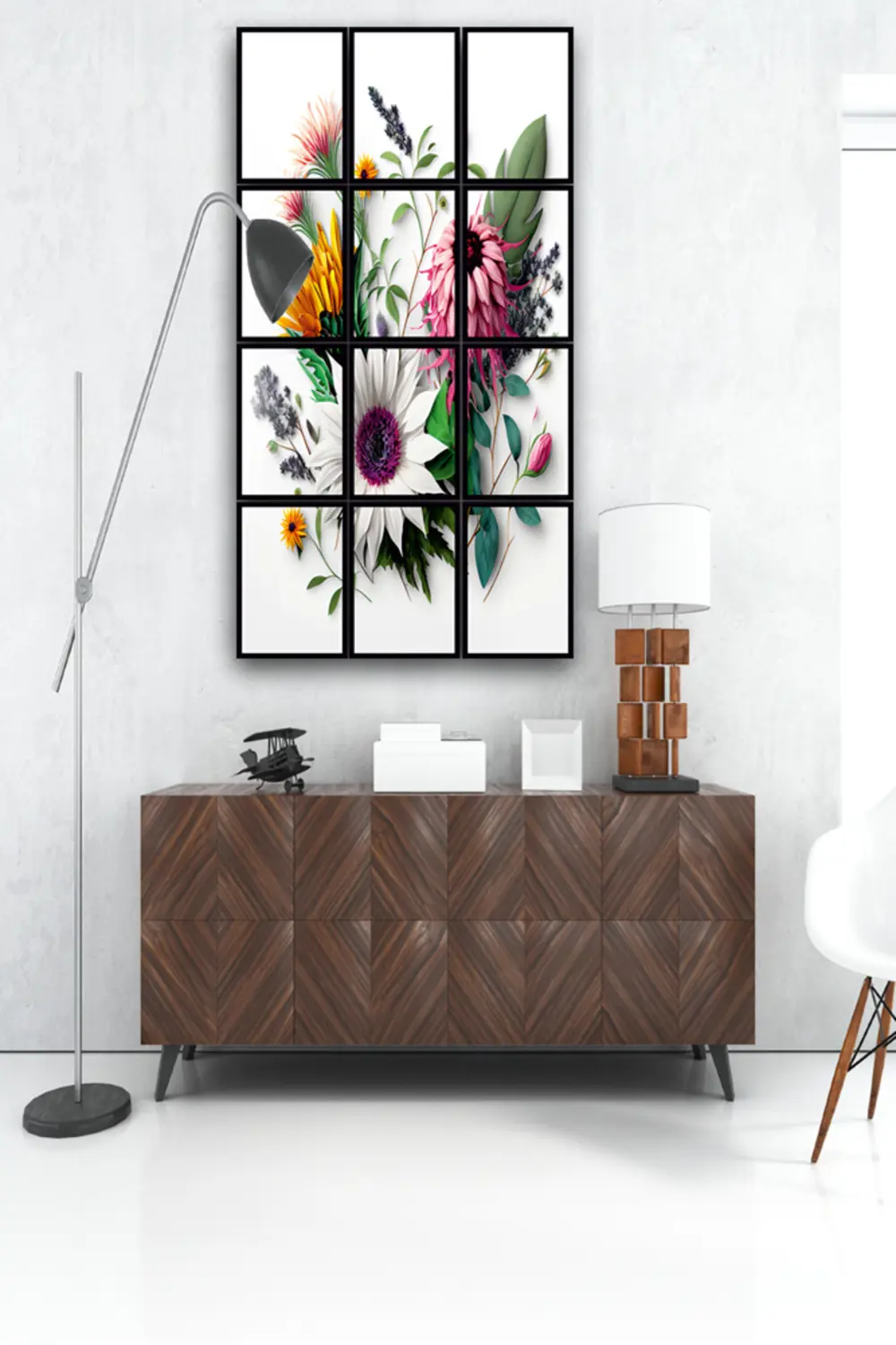 12 parça Beyaz Çiçekler Çerçeve Görünümlü Mdf tablo Duvar Süsü He